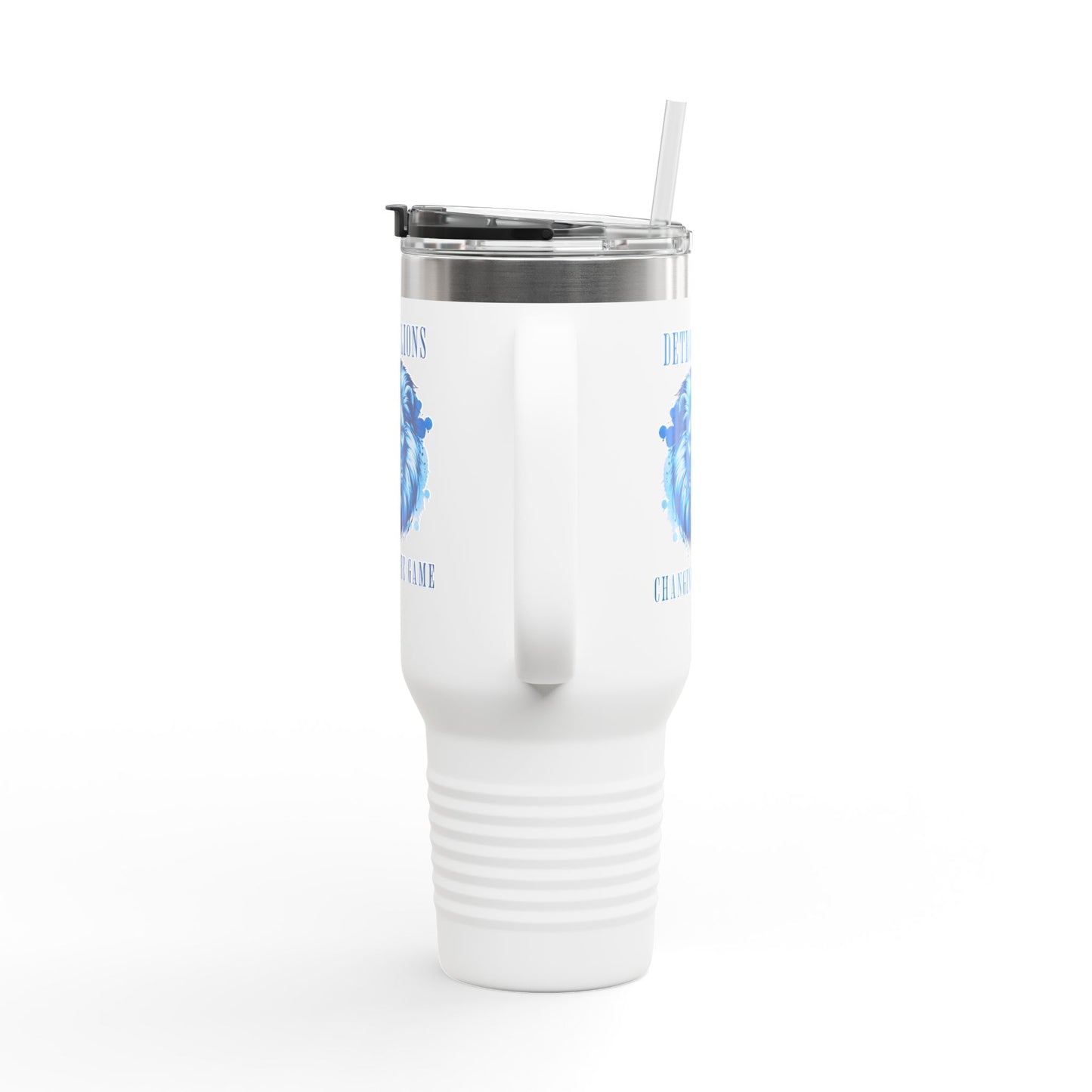 Travel Mug features a quote, "Detroit Lions, Changing the Game"