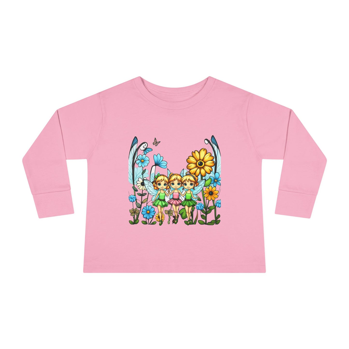 Toddler Long Sleeve Tee – Cute Happy Fairies in a Flower Garden Design"