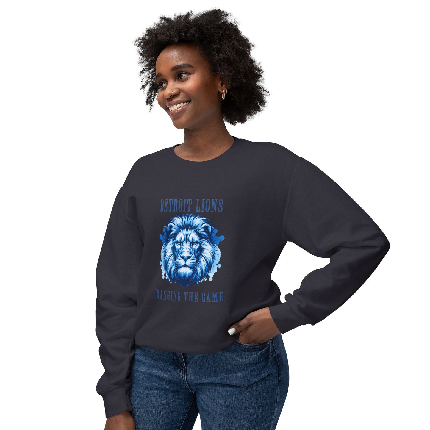 Sweatshirt features a quote, "Detroit Lions,Changing the Game"