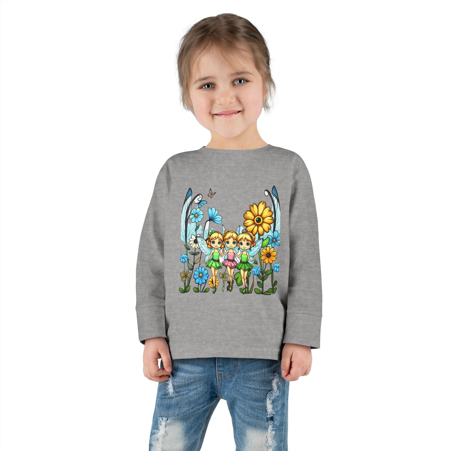 Toddler Long Sleeve Tee – Cute Happy Fairies in a Flower Garden Design"