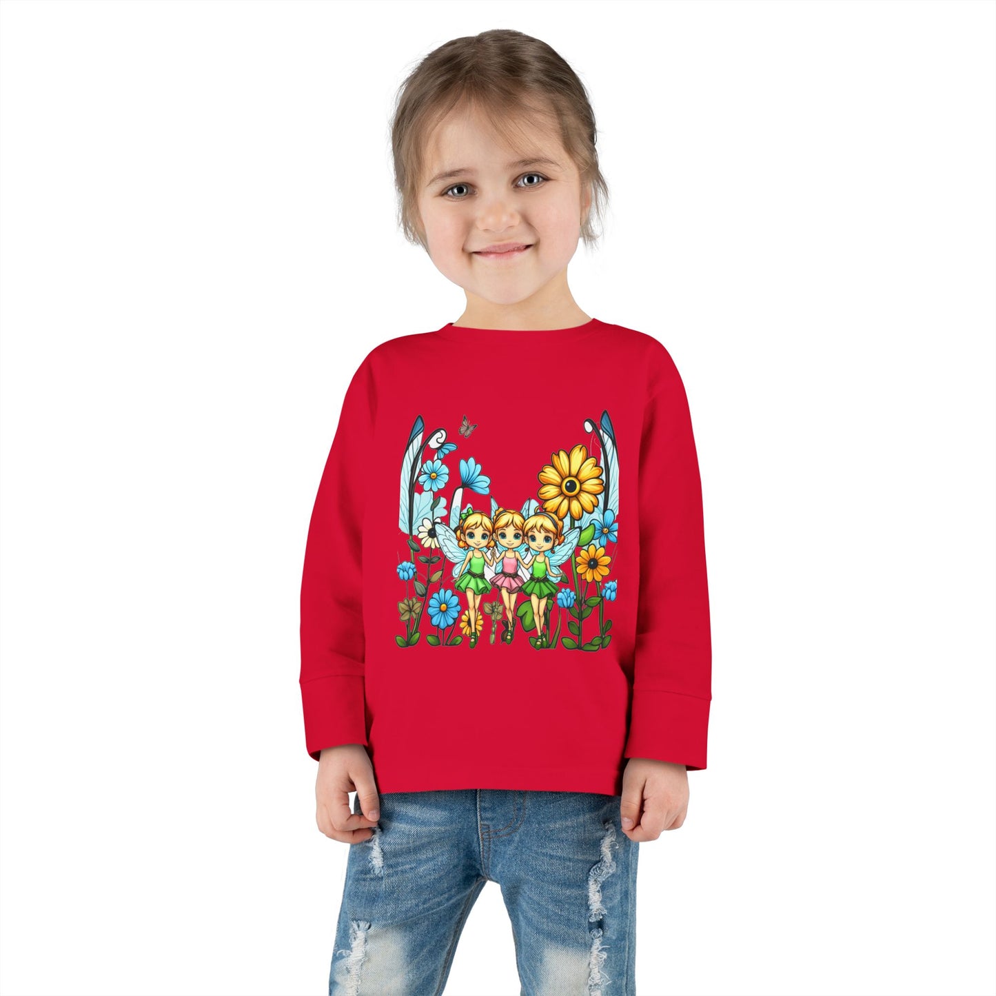 Toddler Long Sleeve Tee – Cute Happy Fairies in a Flower Garden Design"