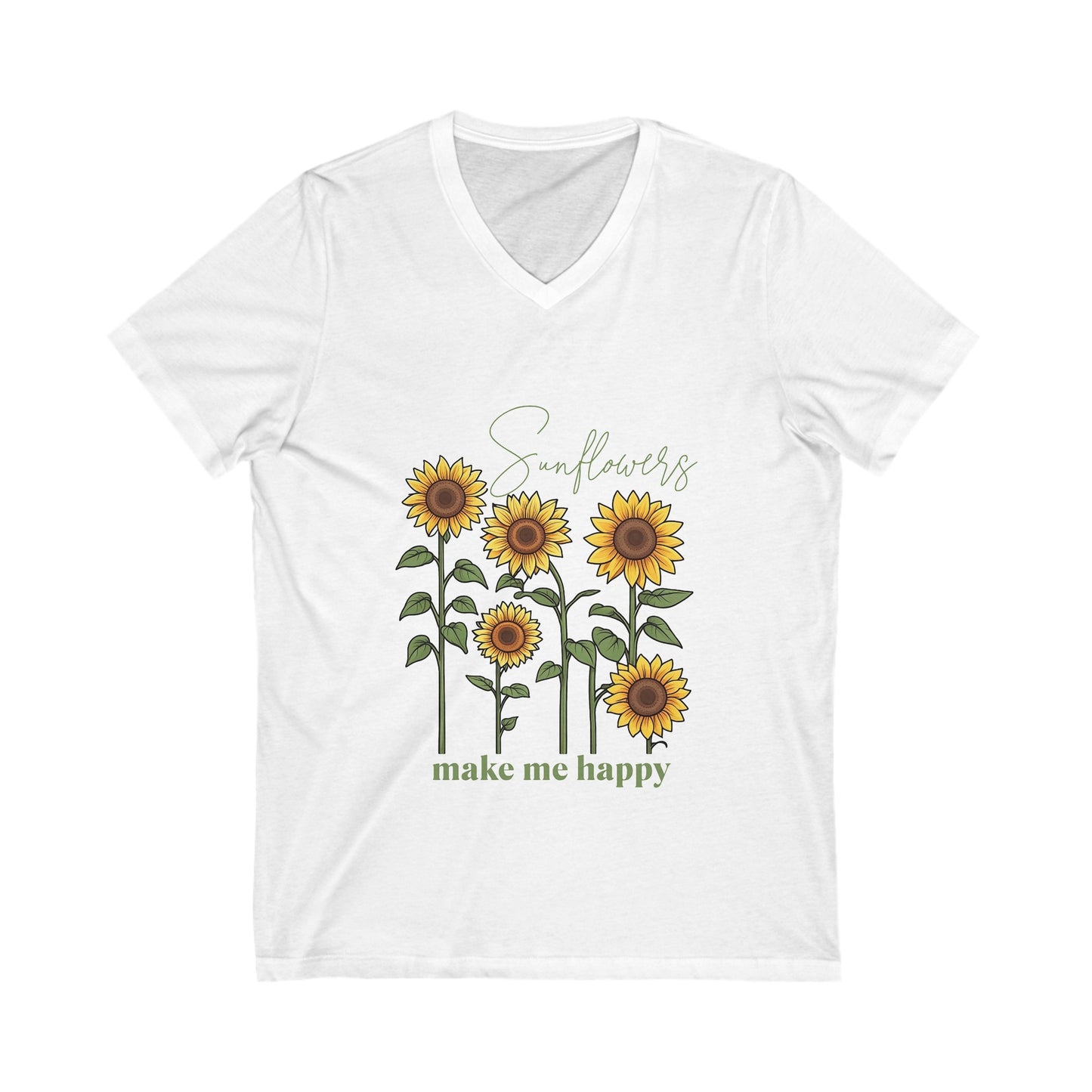 "Sunflowers Make Me Happy" t-shirt! Unisex Jersey Short Sleeve V-Neck Tee