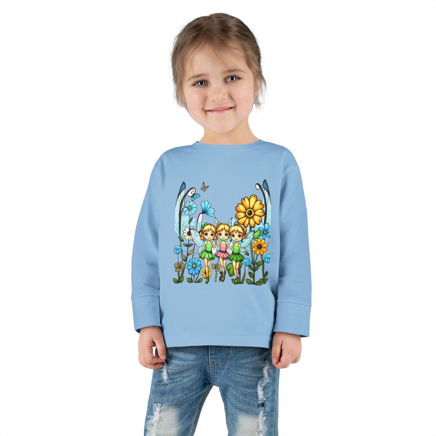 Toddler Long Sleeve Tee – Cute Happy Fairies in a Flower Garden Design"