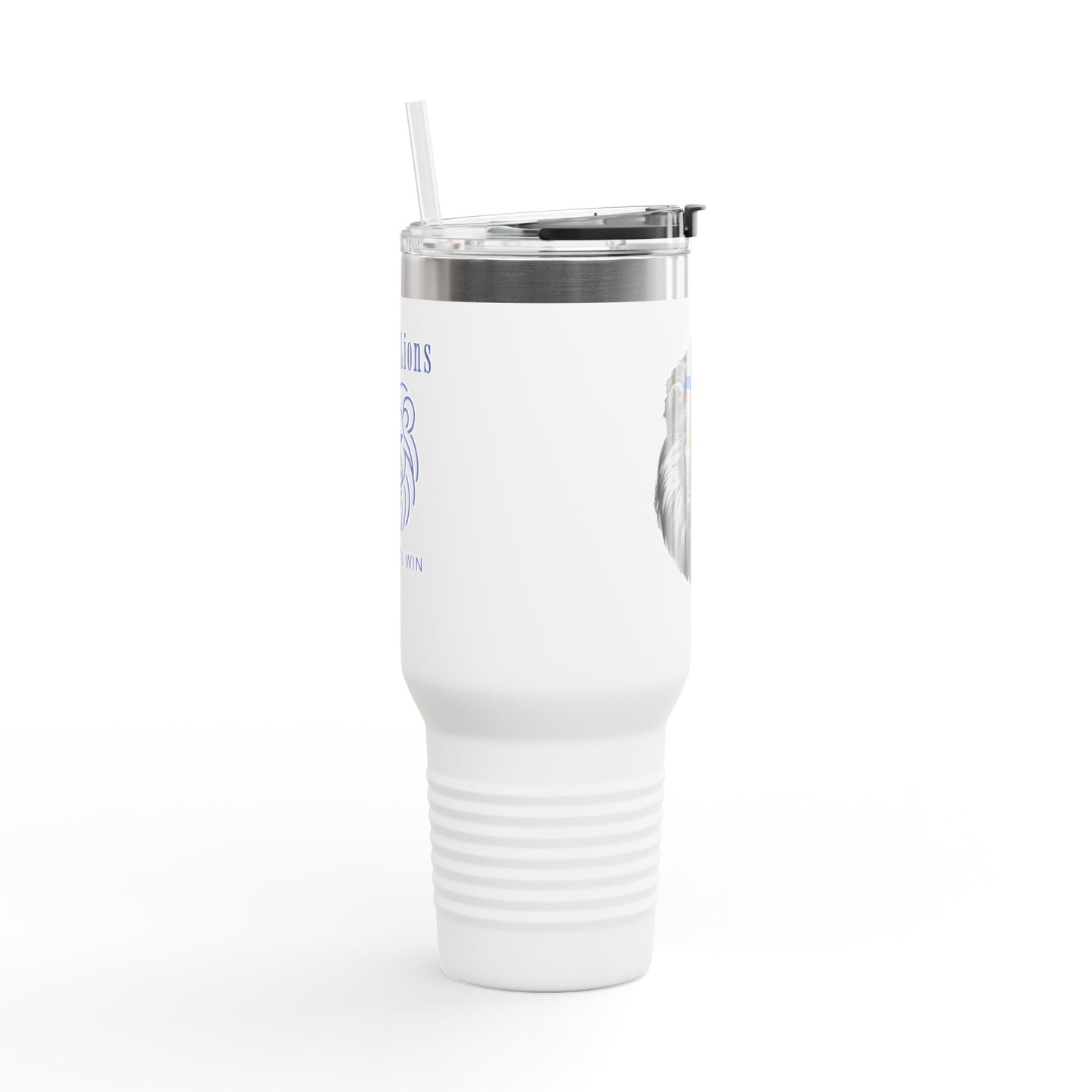 Travel Mug features a lion with a hat that says DETROIT