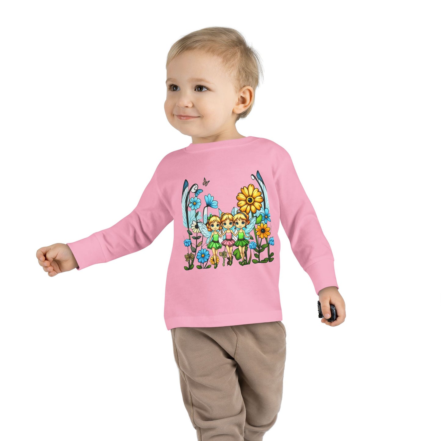 Toddler Long Sleeve Tee – Cute Happy Fairies in a Flower Garden Design"