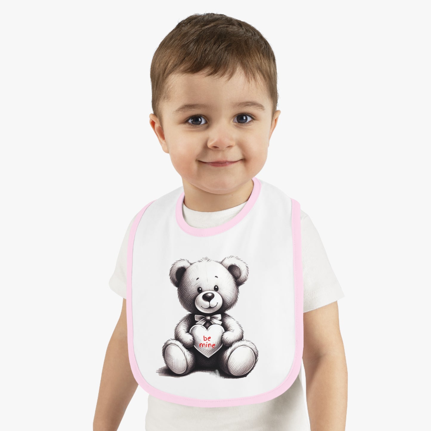 "Be Mine" – Adorable Teddy Bear Valentine’s Baby Contrast Trim Jersey Bib