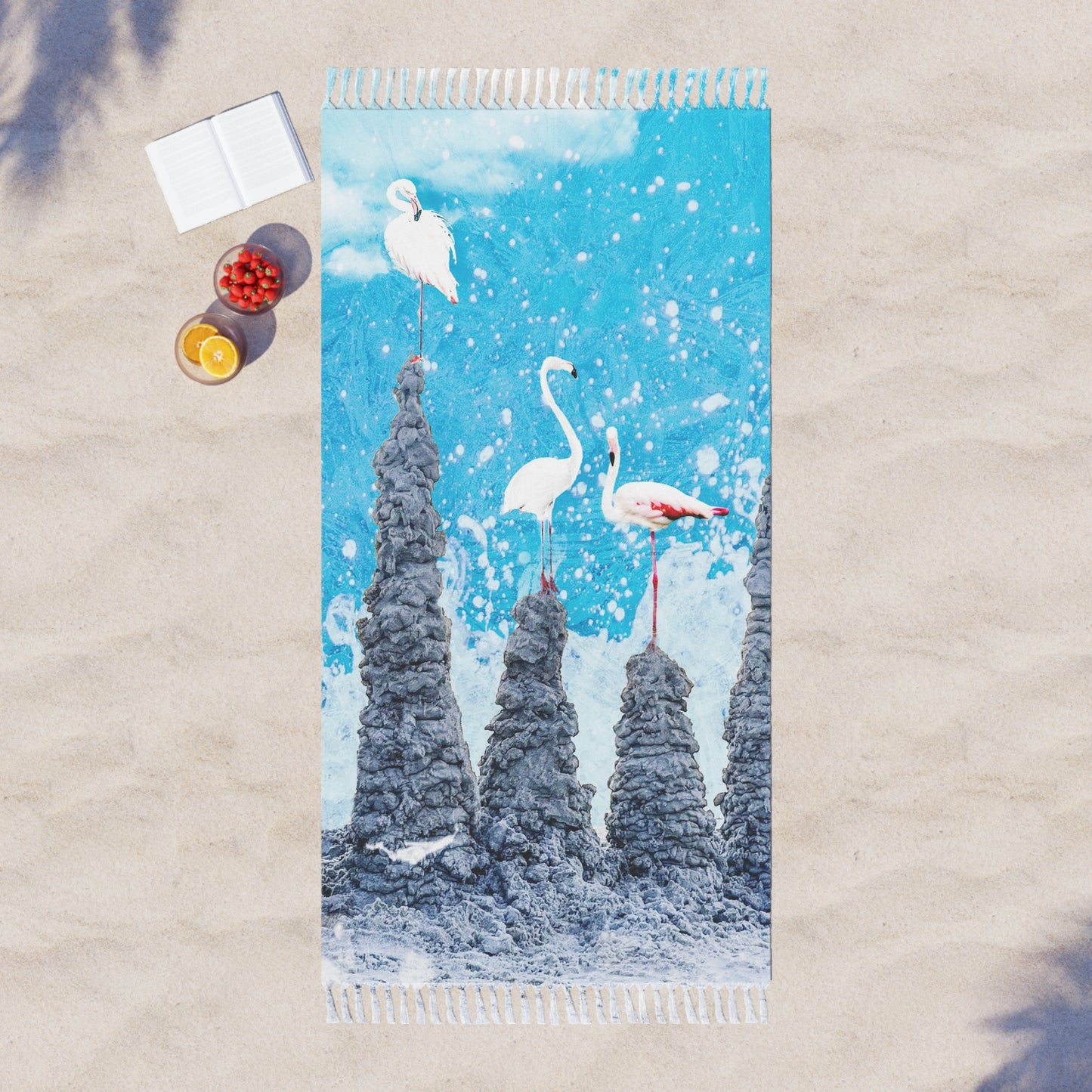 Flamingos playing on sand castles - vibrant beach cloth - Finn and Feathers Collection