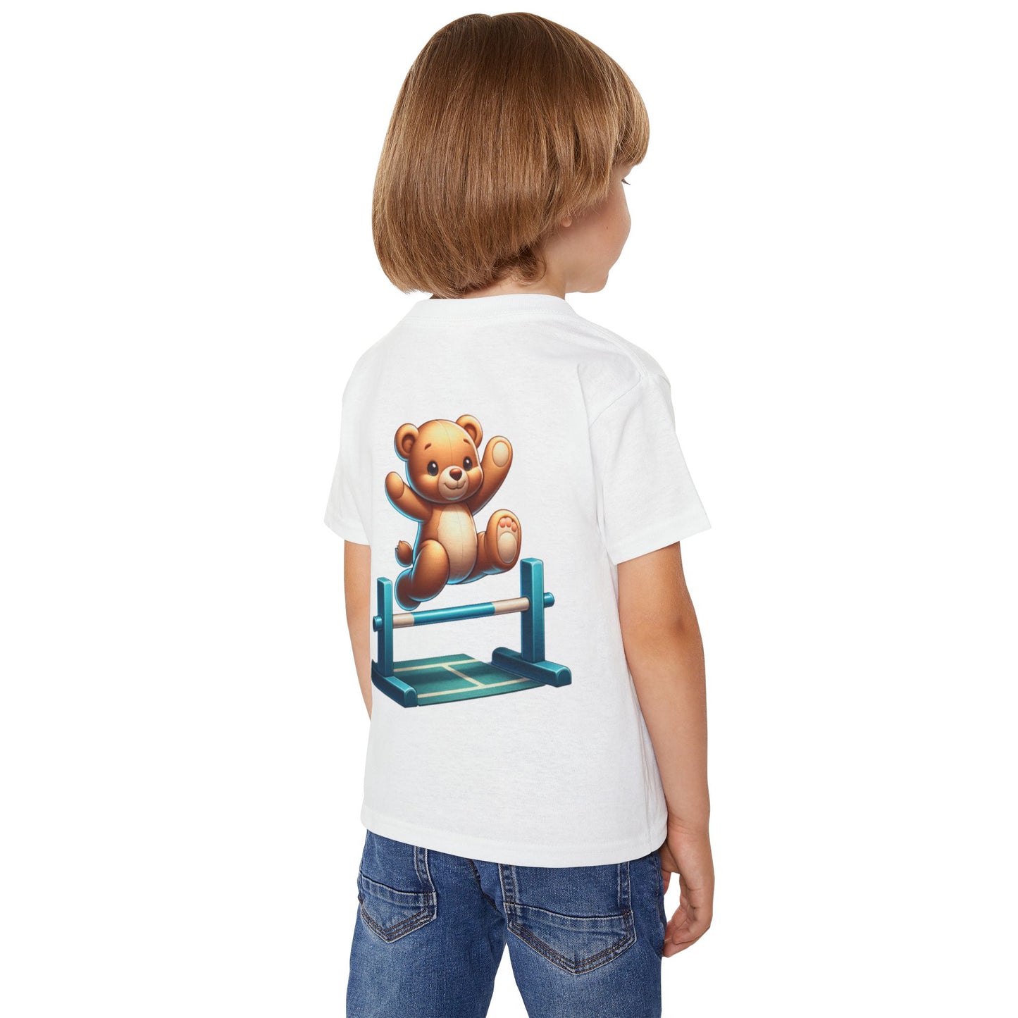 Teddy bear Jumping Hurdles, Heavy Cotton™ Toddler T-shirt, olympics, child, sports, track and field, many color choices, boy, girl