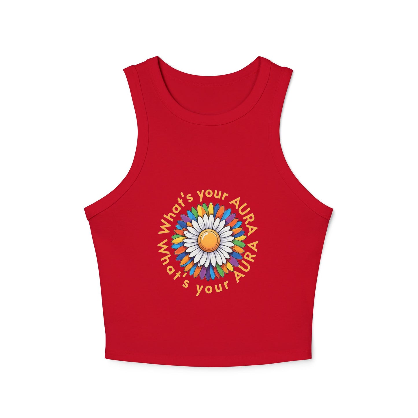 Women's Micro Rib Racer Tank Top – Happy Sun Design with 'What's Your Aura?'"