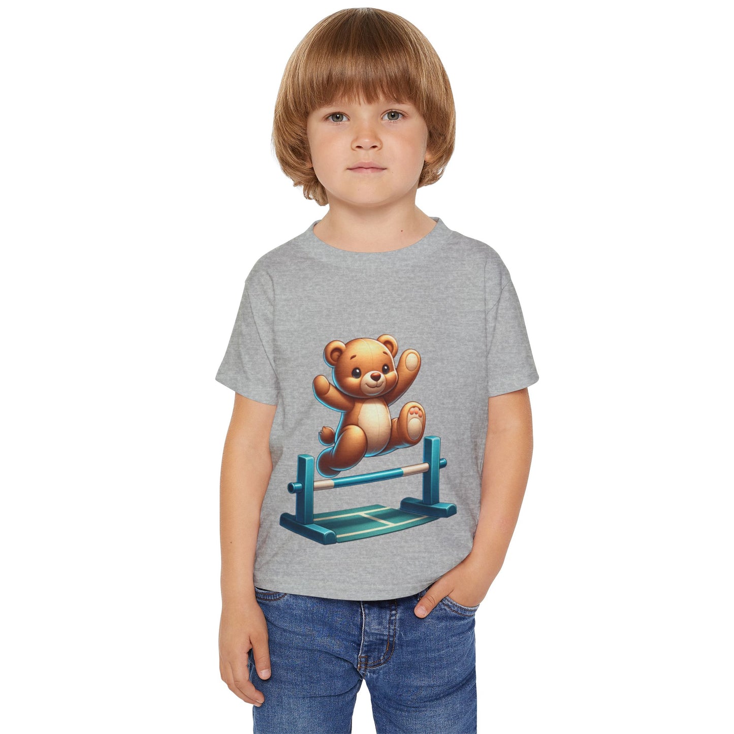 Teddy bear Jumping Hurdles, Heavy Cotton™ Toddler T-shirt, olympics, child, sports, track and field, many color choices, boy, girl