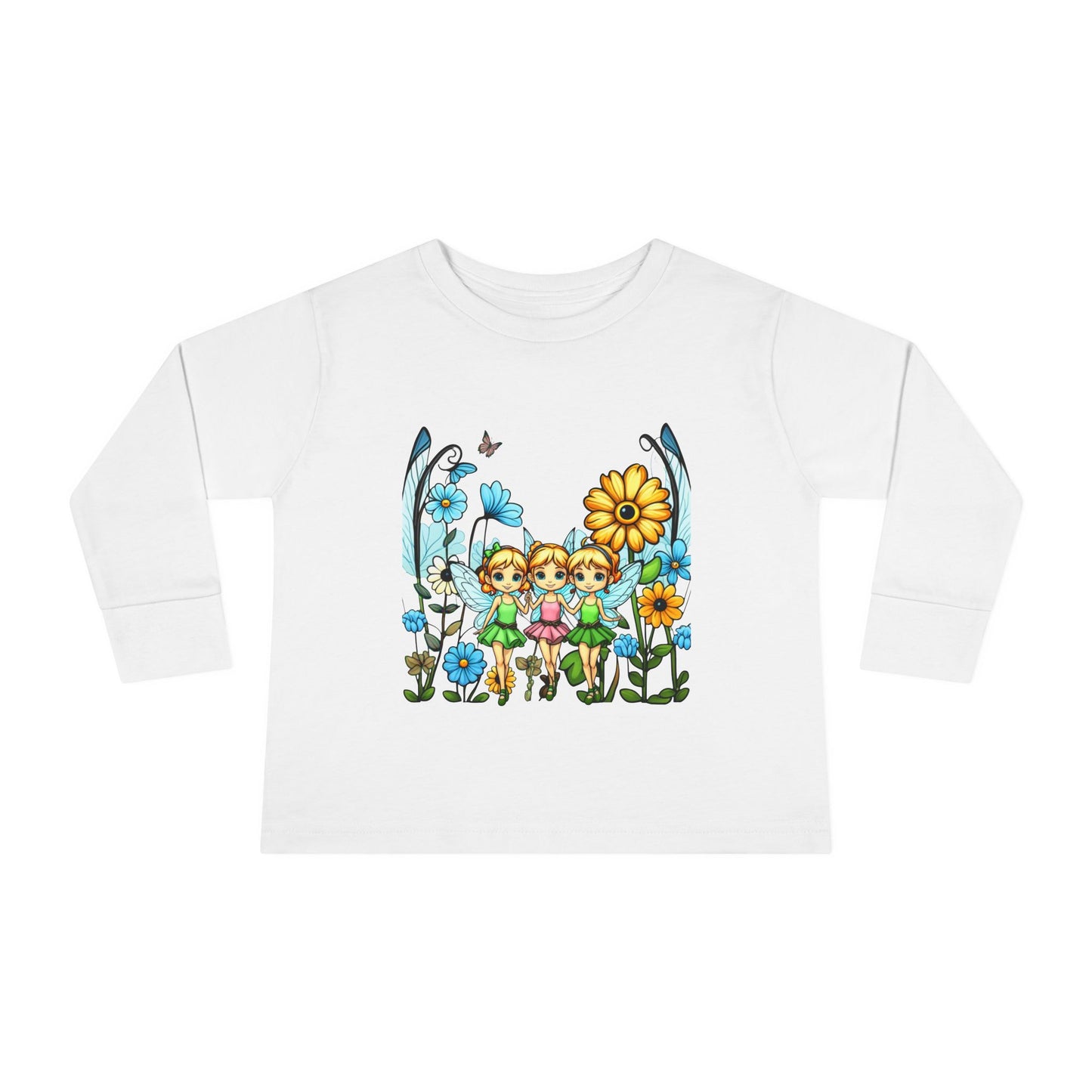 Toddler Long Sleeve Tee – Cute Happy Fairies in a Flower Garden Design"