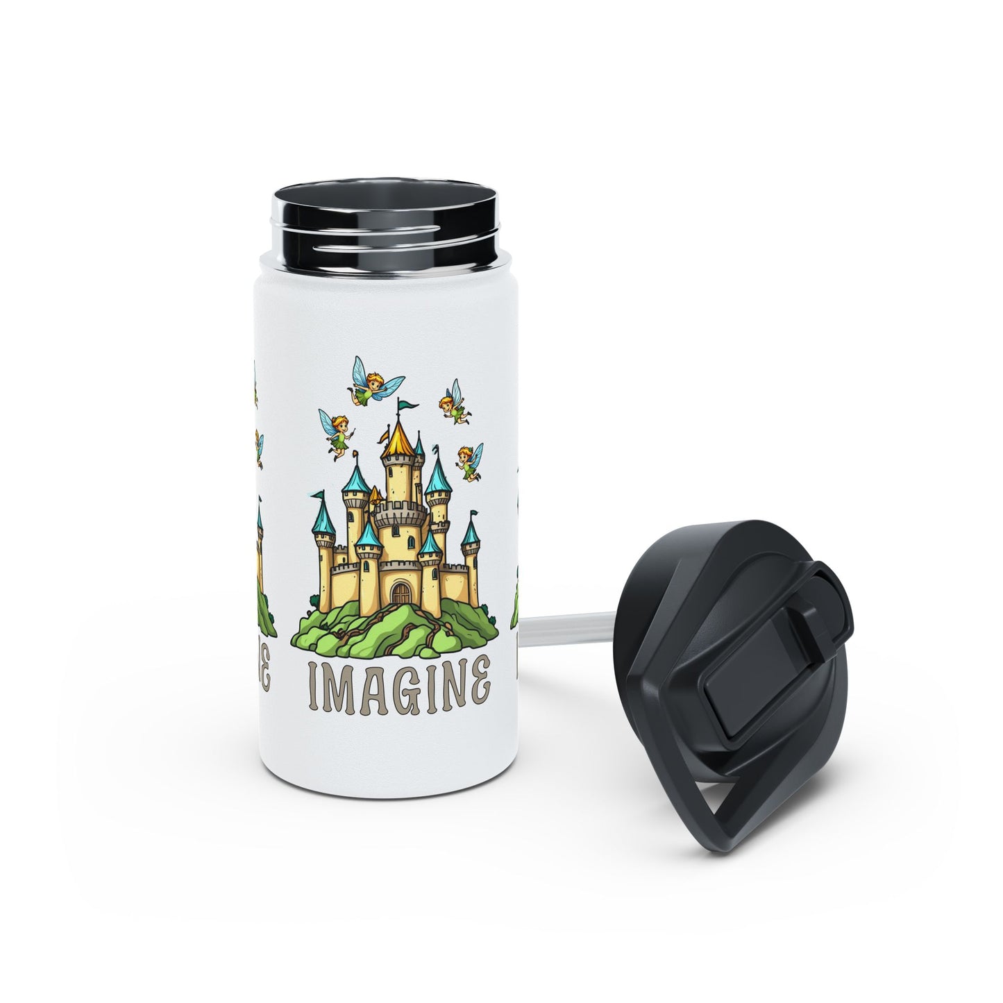 Water Bottle - Whimsical Fairies Flying Above Castle - IMAGINE