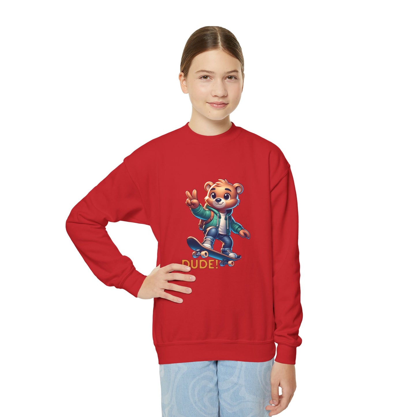 Bear Skateboard Youth Crewneck Sweatshirt with 'DUDE'