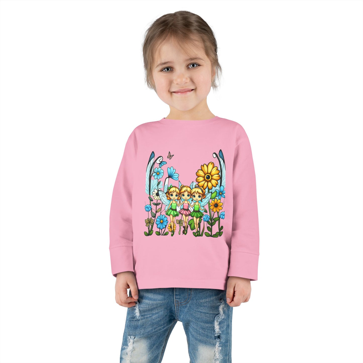 Toddler Long Sleeve Tee – Cute Happy Fairies in a Flower Garden Design"