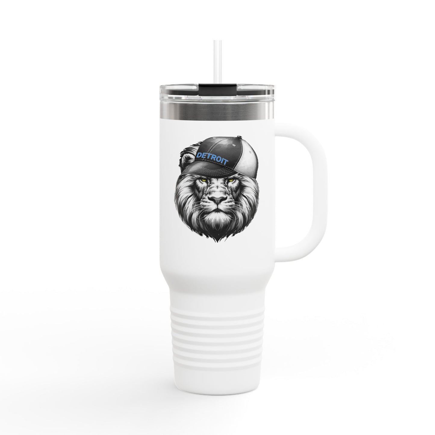Travel Mug features a lion with a hat that says DETROIT