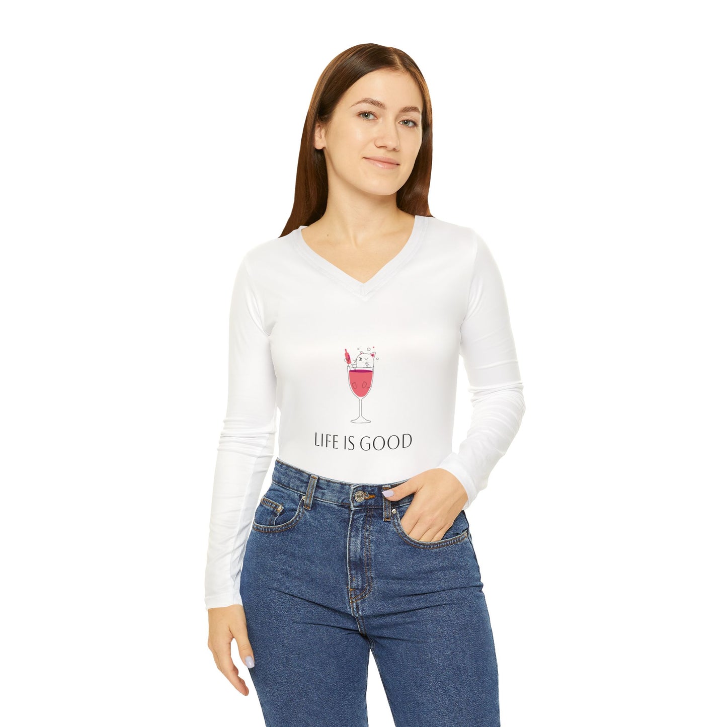 Long Sleeve Shirt - Cute Cat in Wine Glass - Life is Good