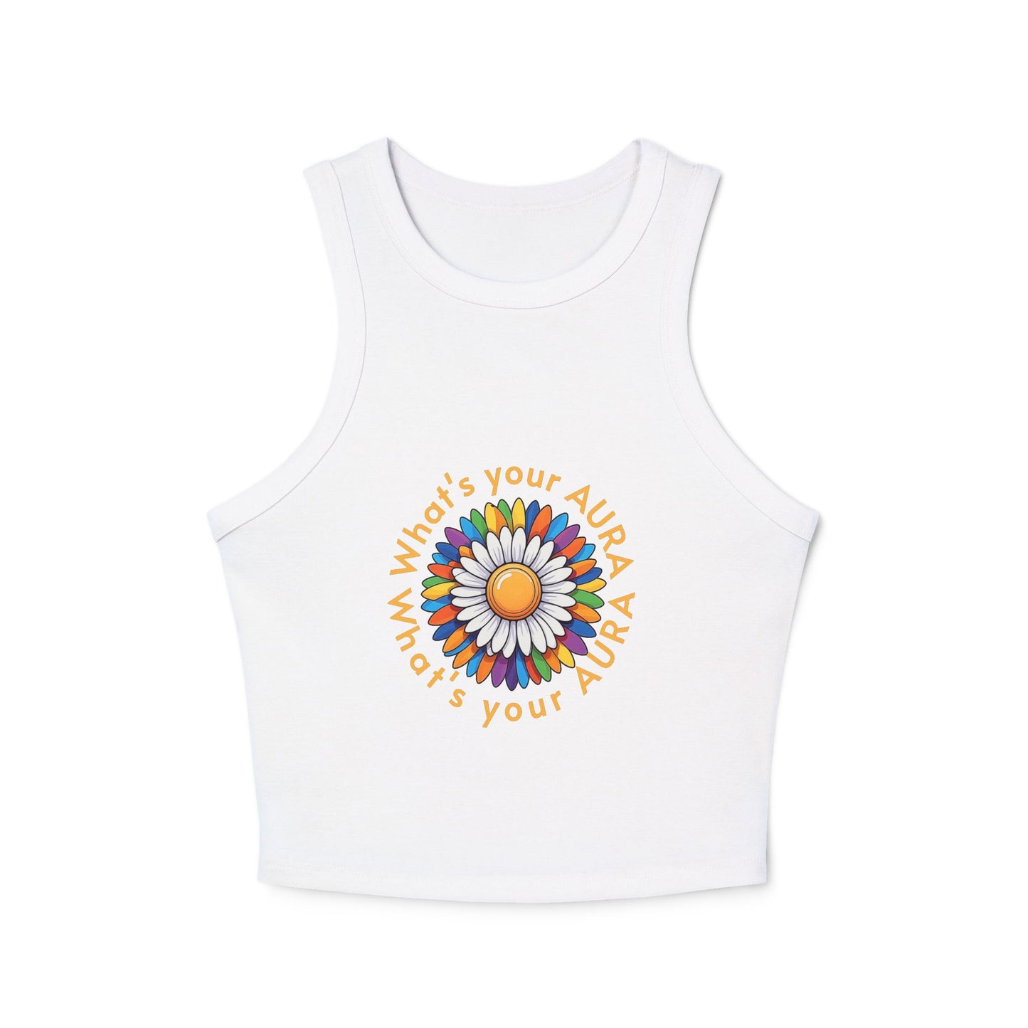 Women's Micro Rib Racer Tank Top – Happy Sun Design with 'What's Your Aura?'"