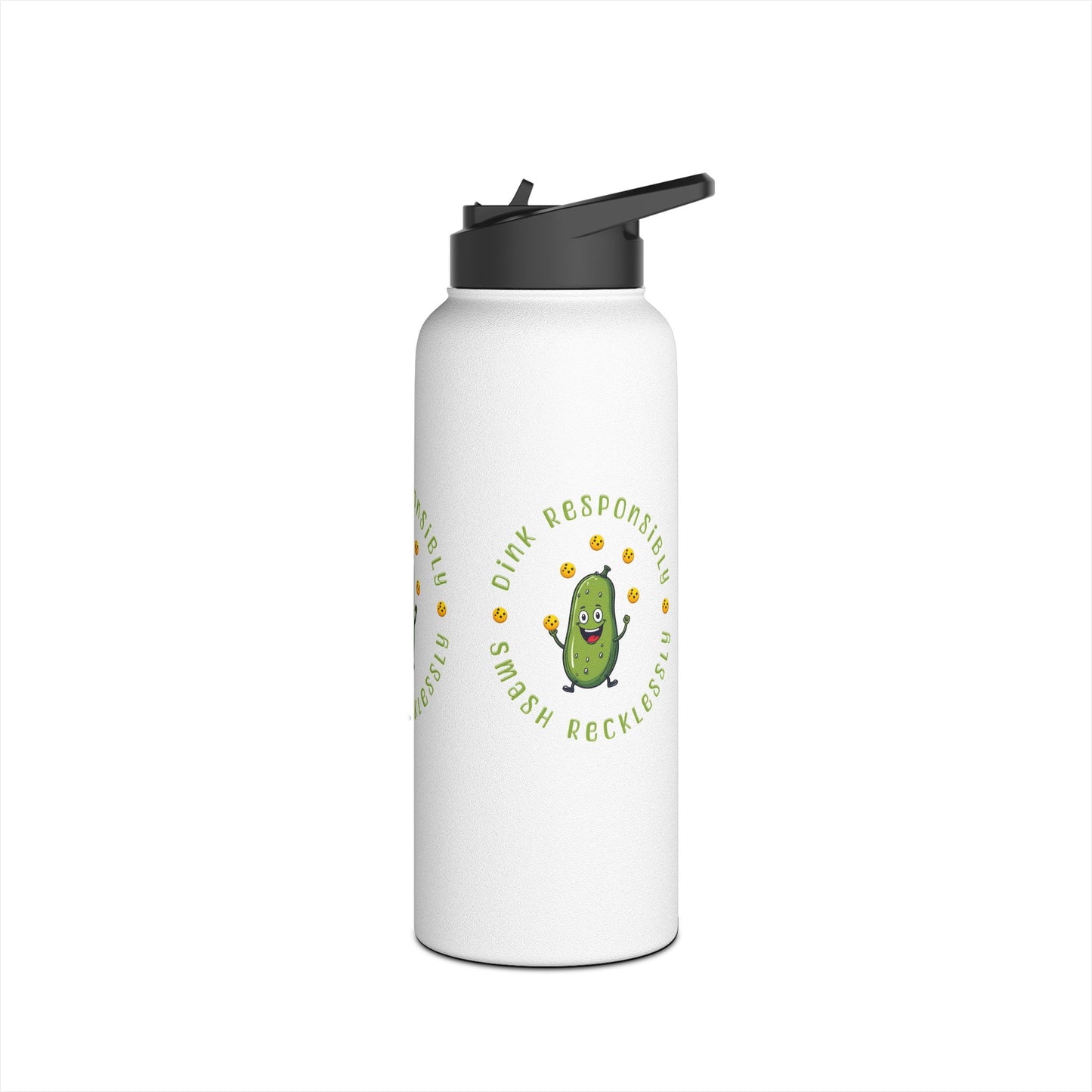 "Stainless Steel Water Bottle – Standard Lid ‘Dink Responsibly, Smash Relentlessly’ Happy Pickle Juggling Pickleballs Design"