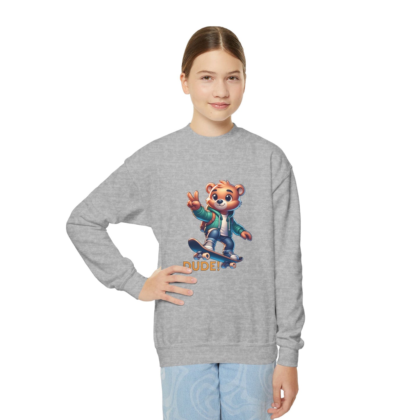 Bear Skateboard Youth Crewneck Sweatshirt with 'DUDE'
