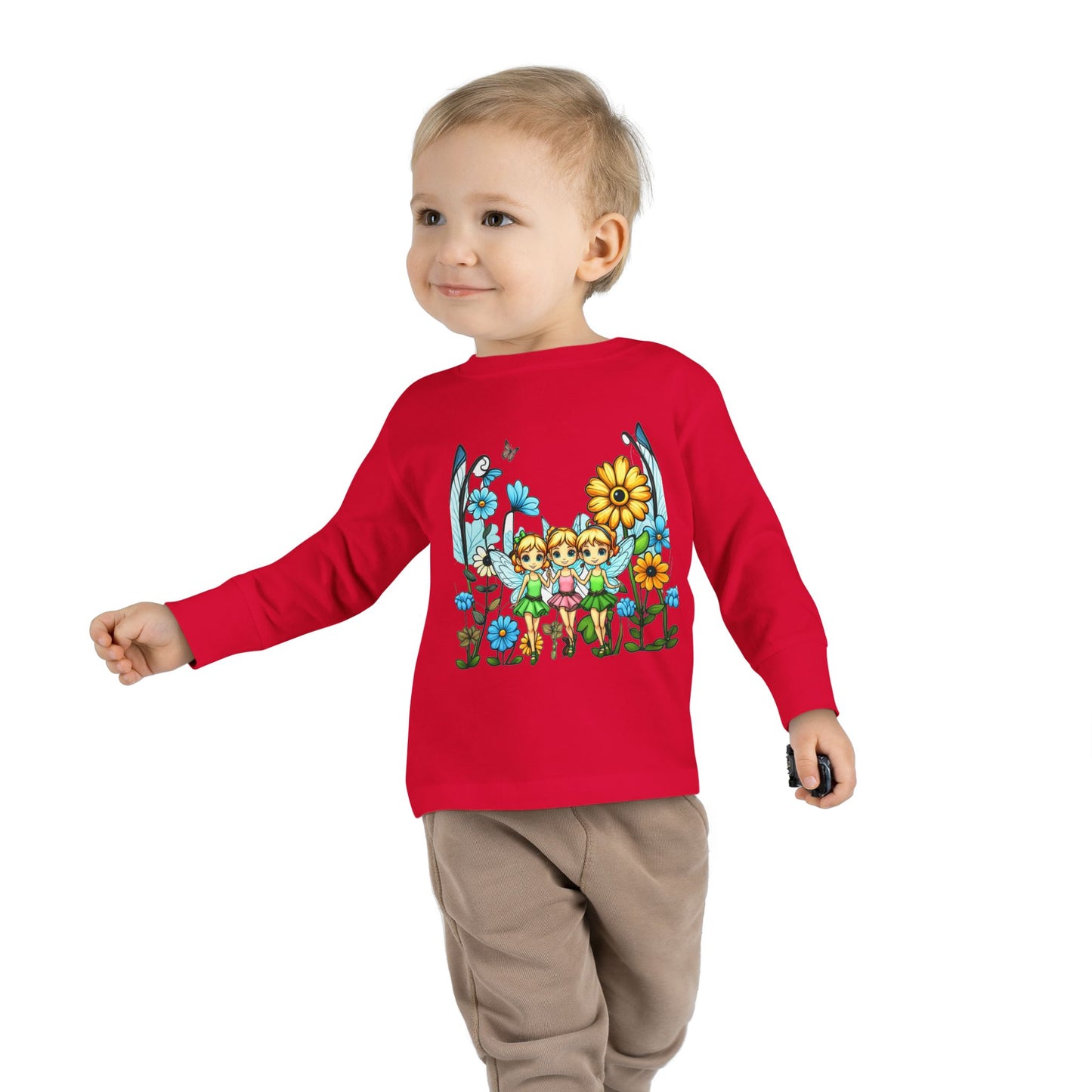 Toddler Long Sleeve Tee – Cute Happy Fairies in a Flower Garden Design"