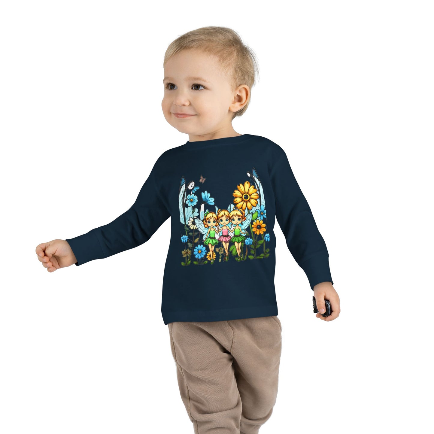 Toddler Long Sleeve Tee – Cute Happy Fairies in a Flower Garden Design"