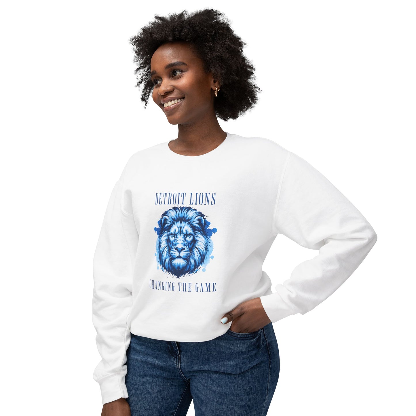 Sweatshirt features a quote, "Detroit Lions,Changing the Game"
