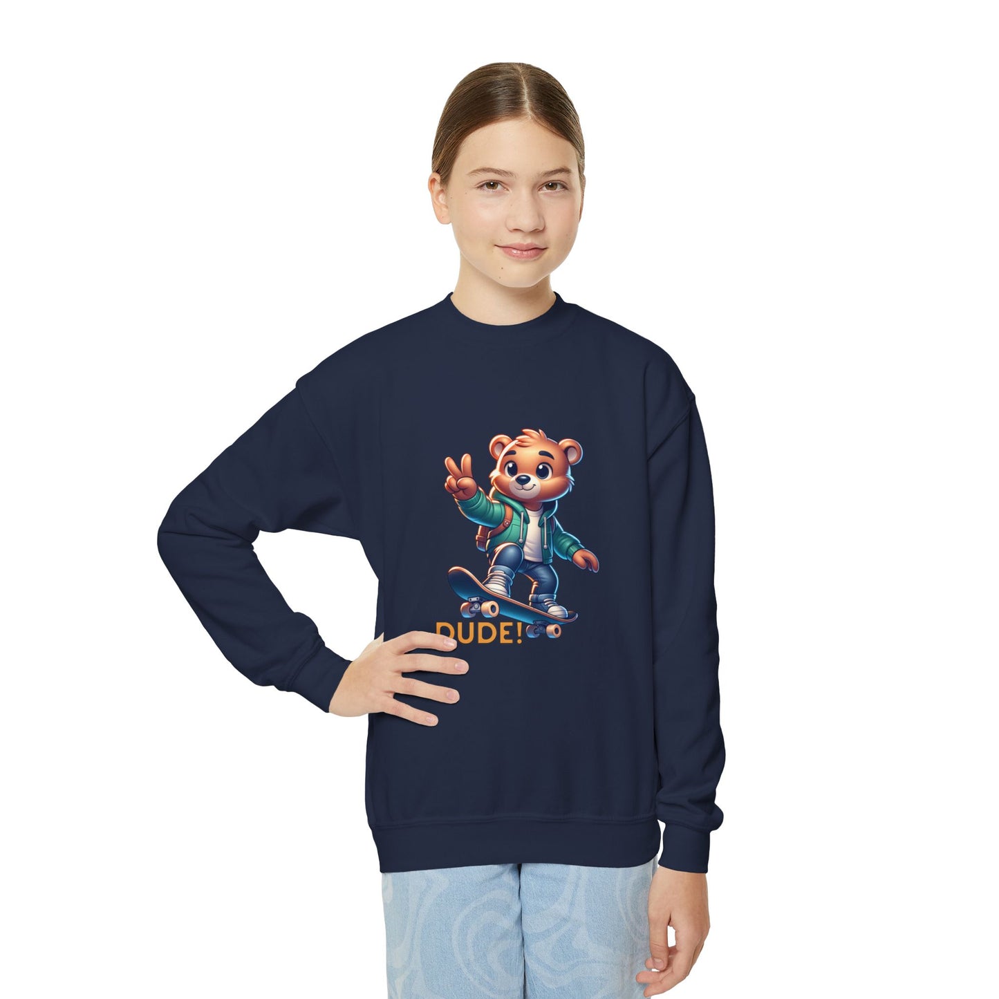 Bear Skateboard Youth Crewneck Sweatshirt with 'DUDE'