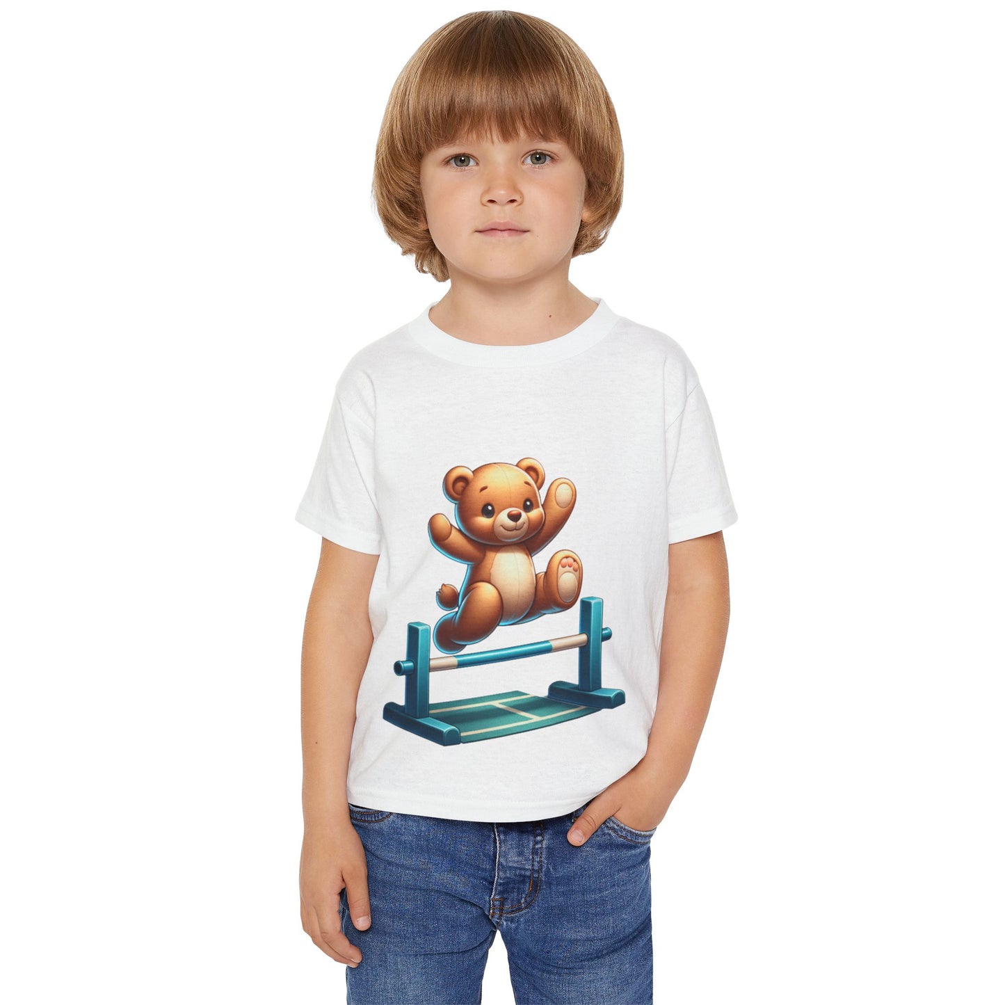 Teddy bear Jumping Hurdles, Heavy Cotton™ Toddler T-shirt, olympics, child, sports, track and field, many color choices, boy, girl
