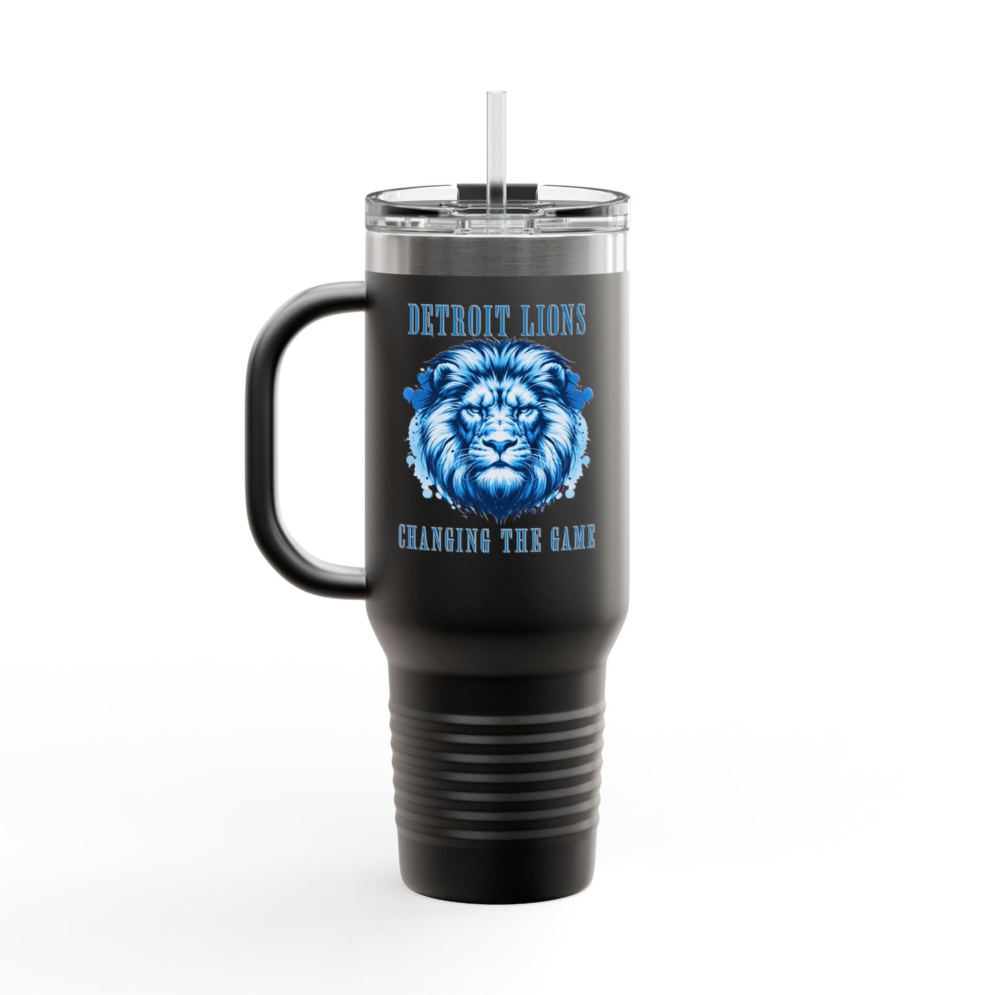 Travel Mug features a quote, "Detroit Lions, Changing the Game"