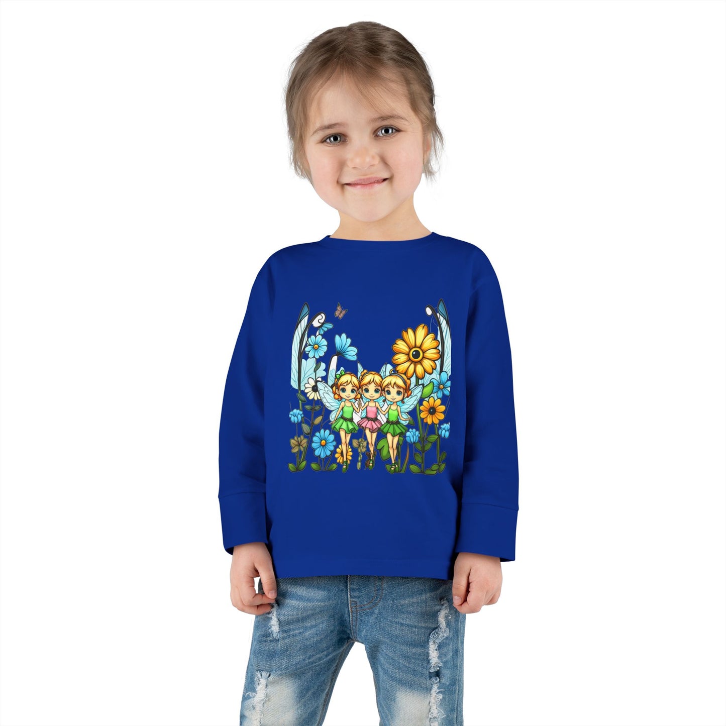 Toddler Long Sleeve Tee – Cute Happy Fairies in a Flower Garden Design"