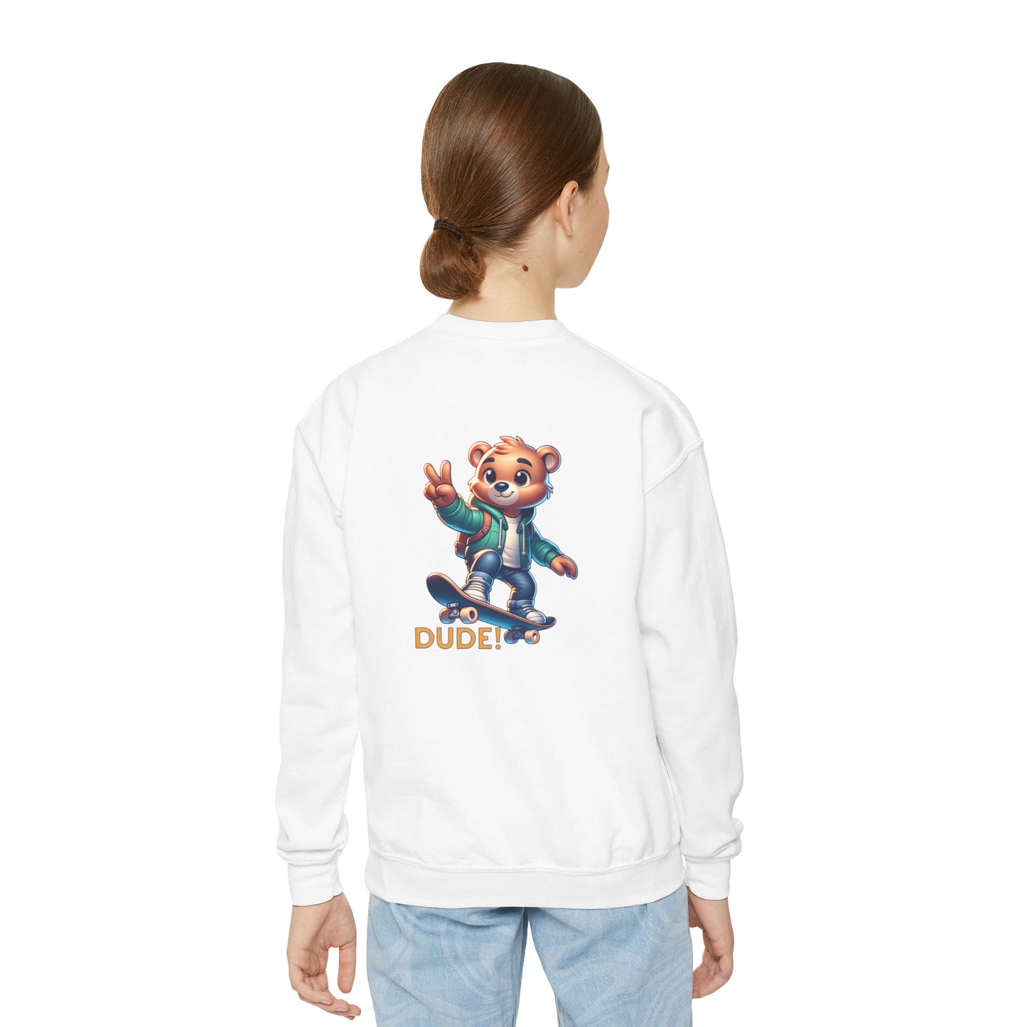 Bear Skateboard Youth Crewneck Sweatshirt with 'DUDE'