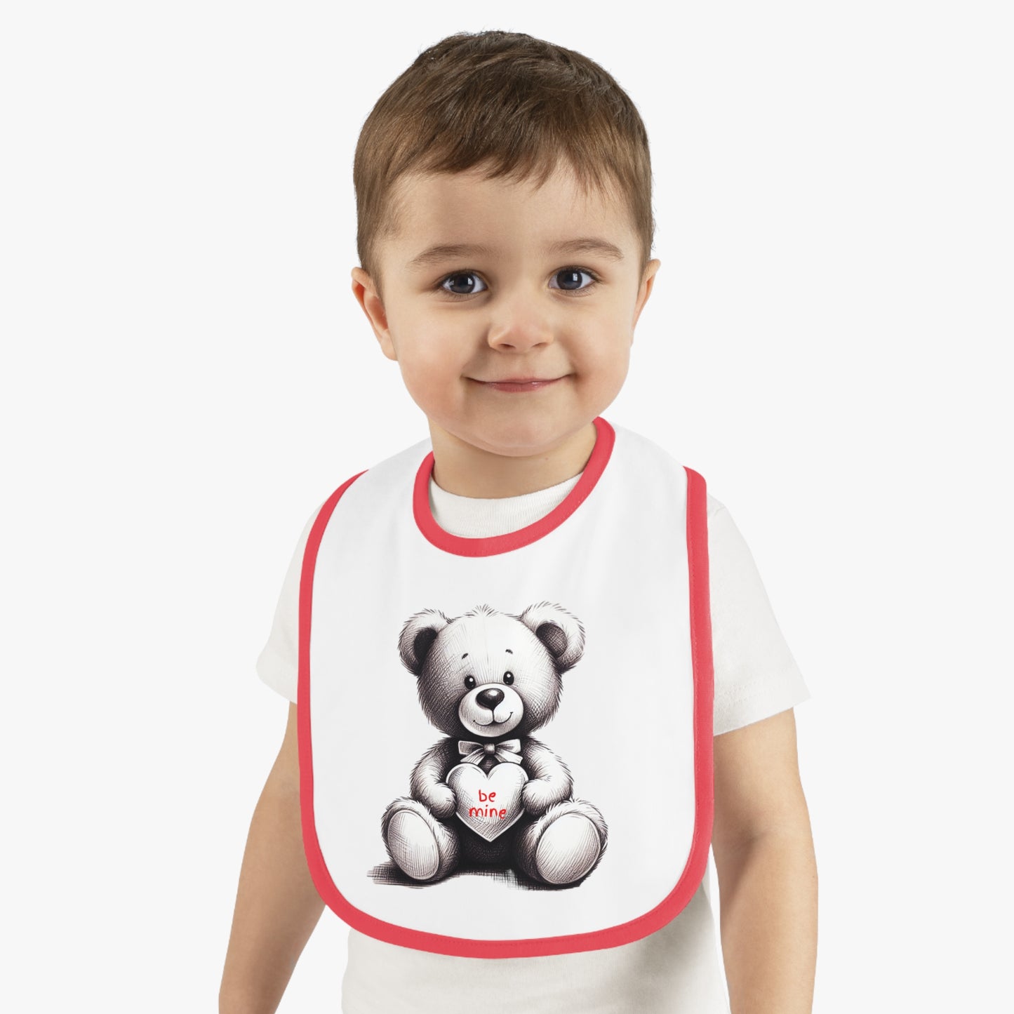 "Be Mine" – Adorable Teddy Bear Valentine’s Baby Contrast Trim Jersey Bib
