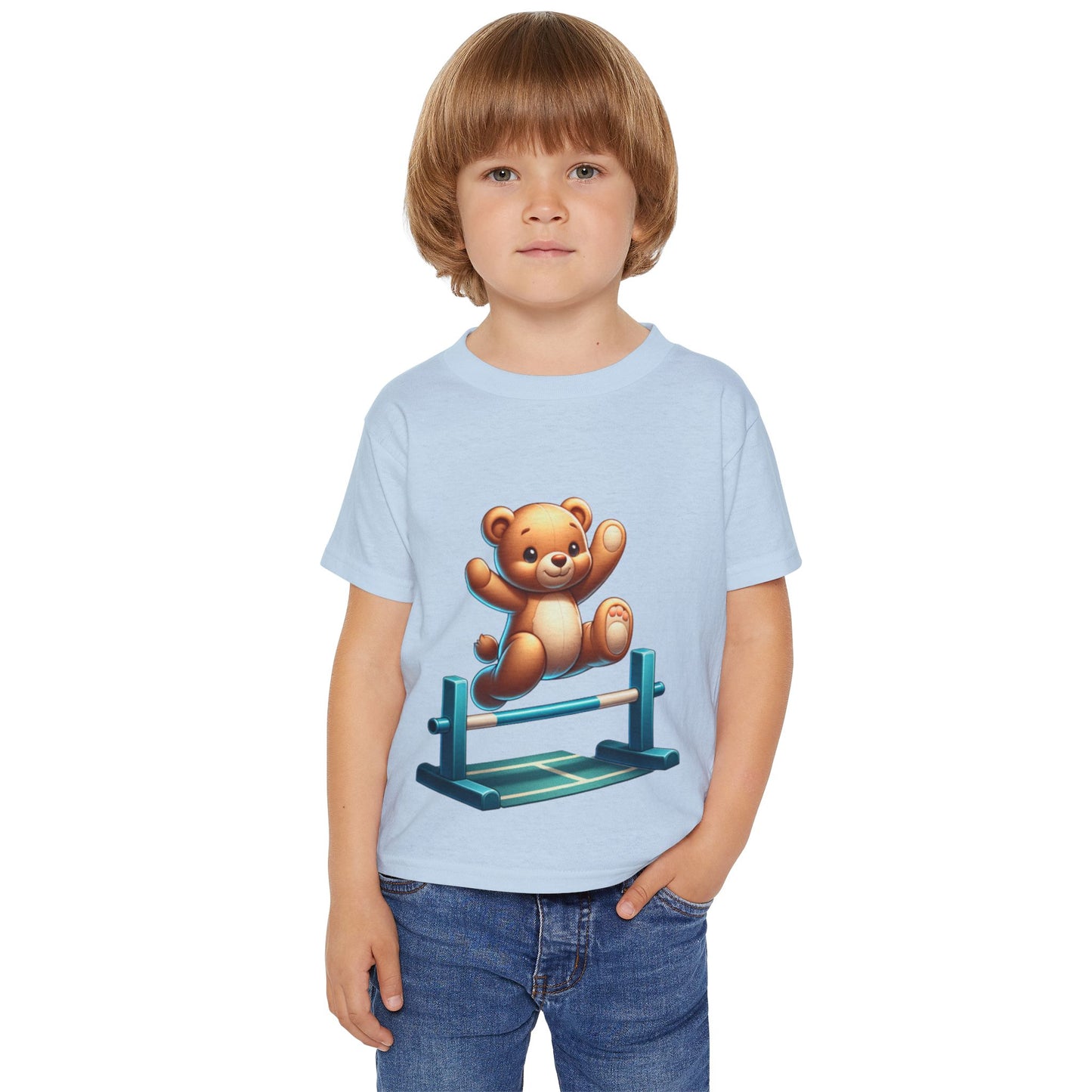 Teddy bear Jumping Hurdles, Heavy Cotton™ Toddler T-shirt, olympics, child, sports, track and field, many color choices, boy, girl