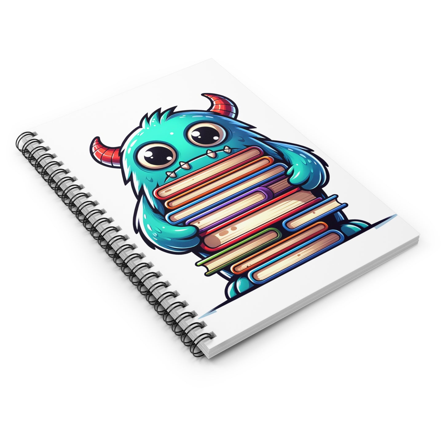 Spiral Notebook - Ruled Line Cute Monster with Stack of Books Design"