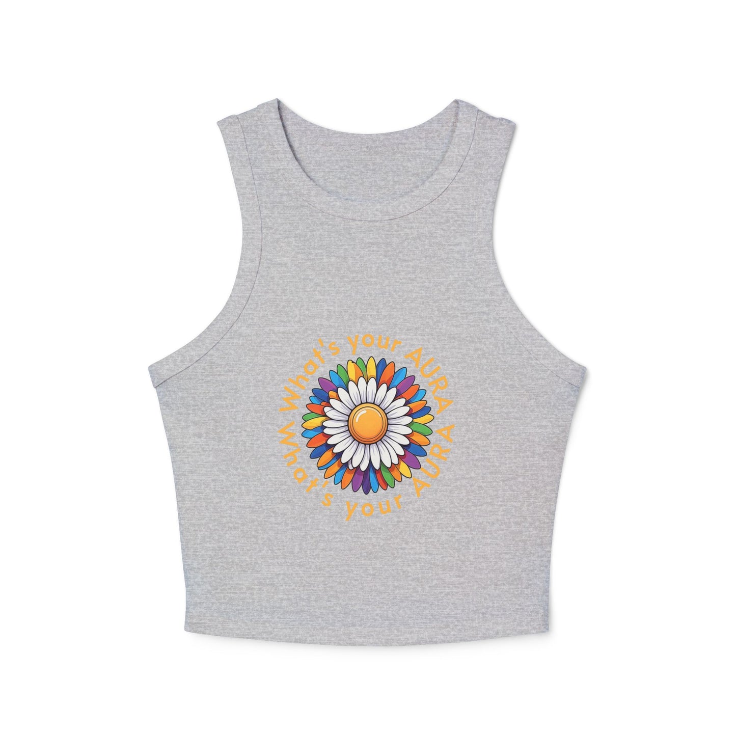 Women's Micro Rib Racer Tank Top – Happy Sun Design with 'What's Your Aura?'"