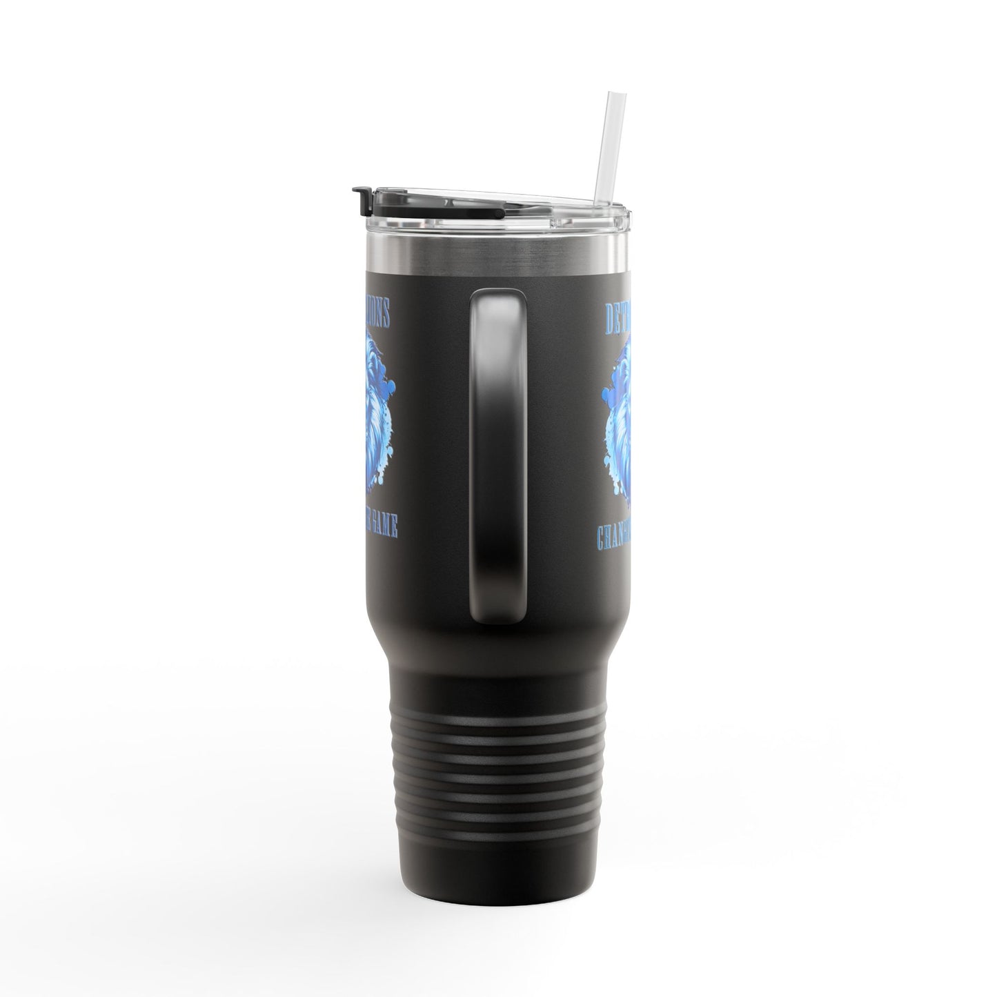 Travel Mug features a quote, "Detroit Lions, Changing the Game"