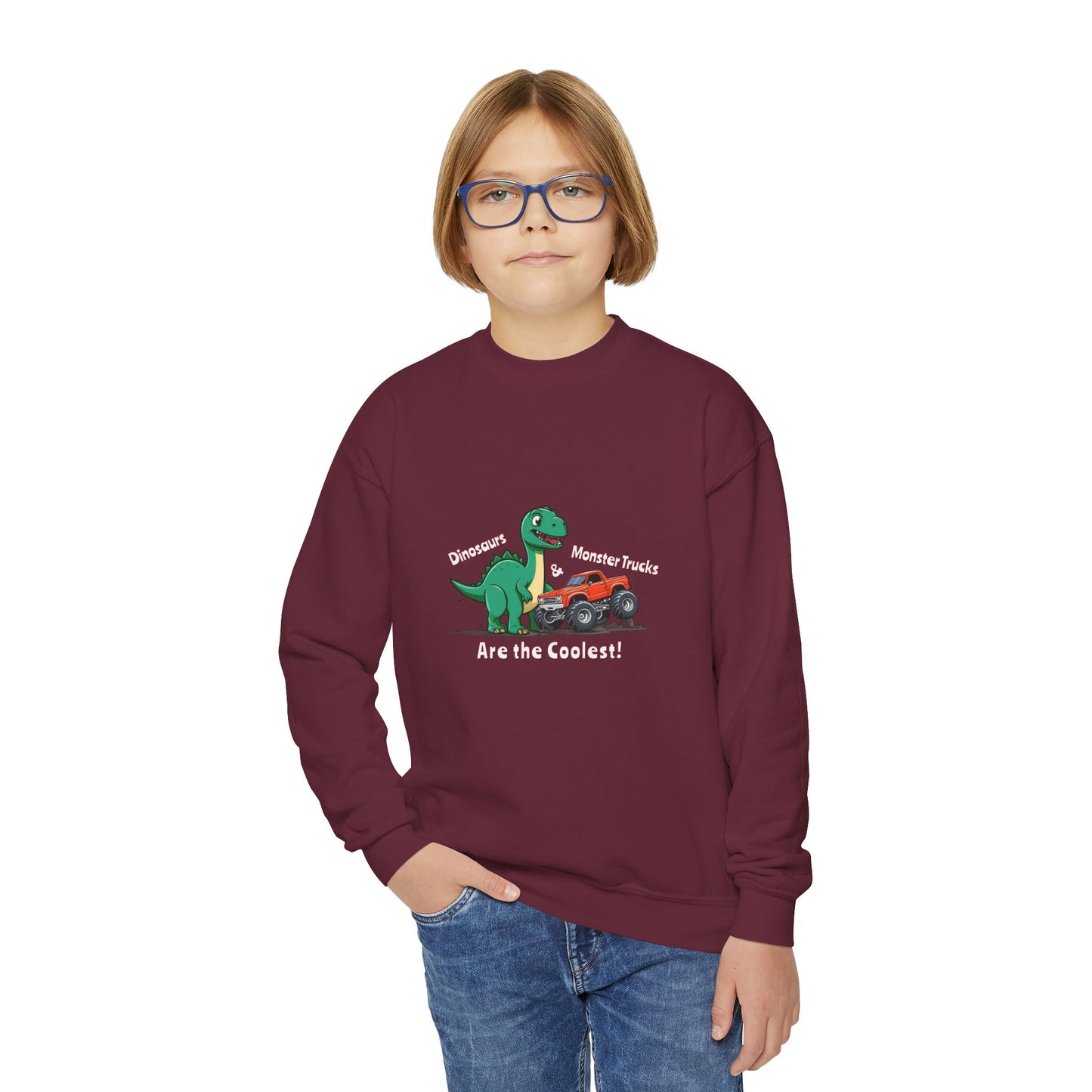Dinosaurs & Monster Trucks Are the Coolest Youth Crewneck Sweatshirt