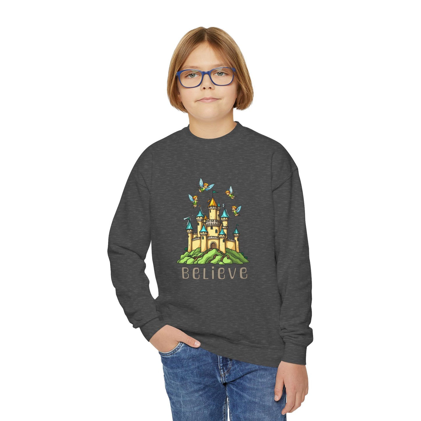 Youth Crewneck Sweatshirt - Fantasy Castle 'BELIEVE' Design