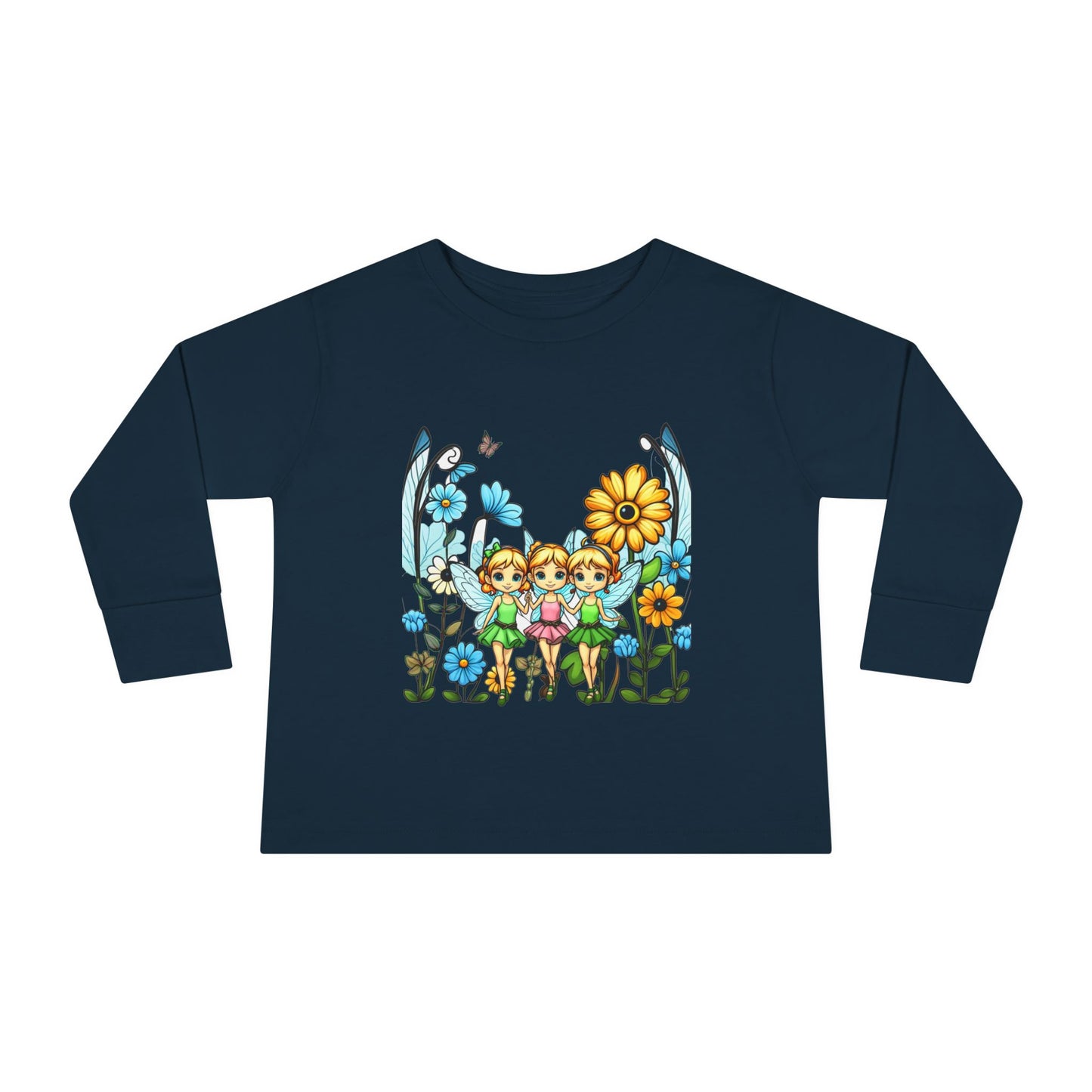 Toddler Long Sleeve Tee – Cute Happy Fairies in a Flower Garden Design"