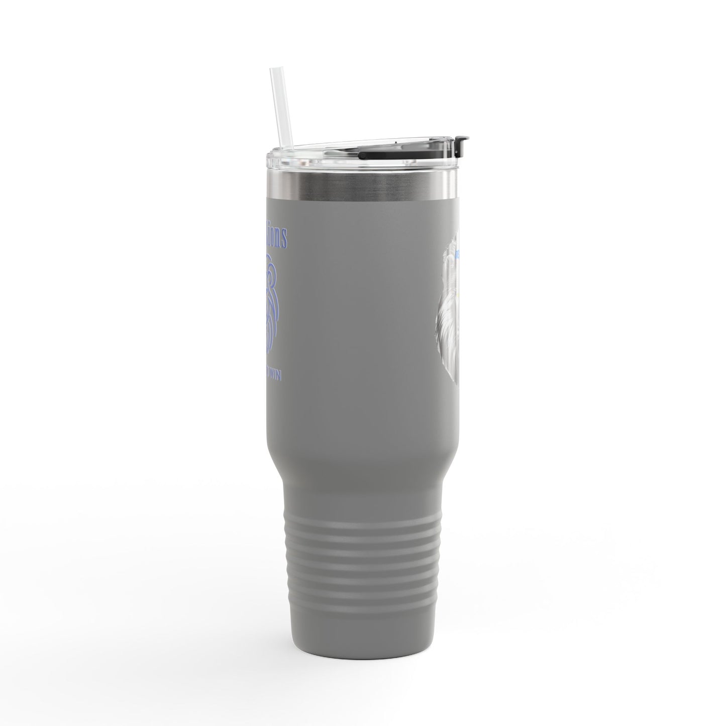 Travel Mug features a lion with a hat that says DETROIT