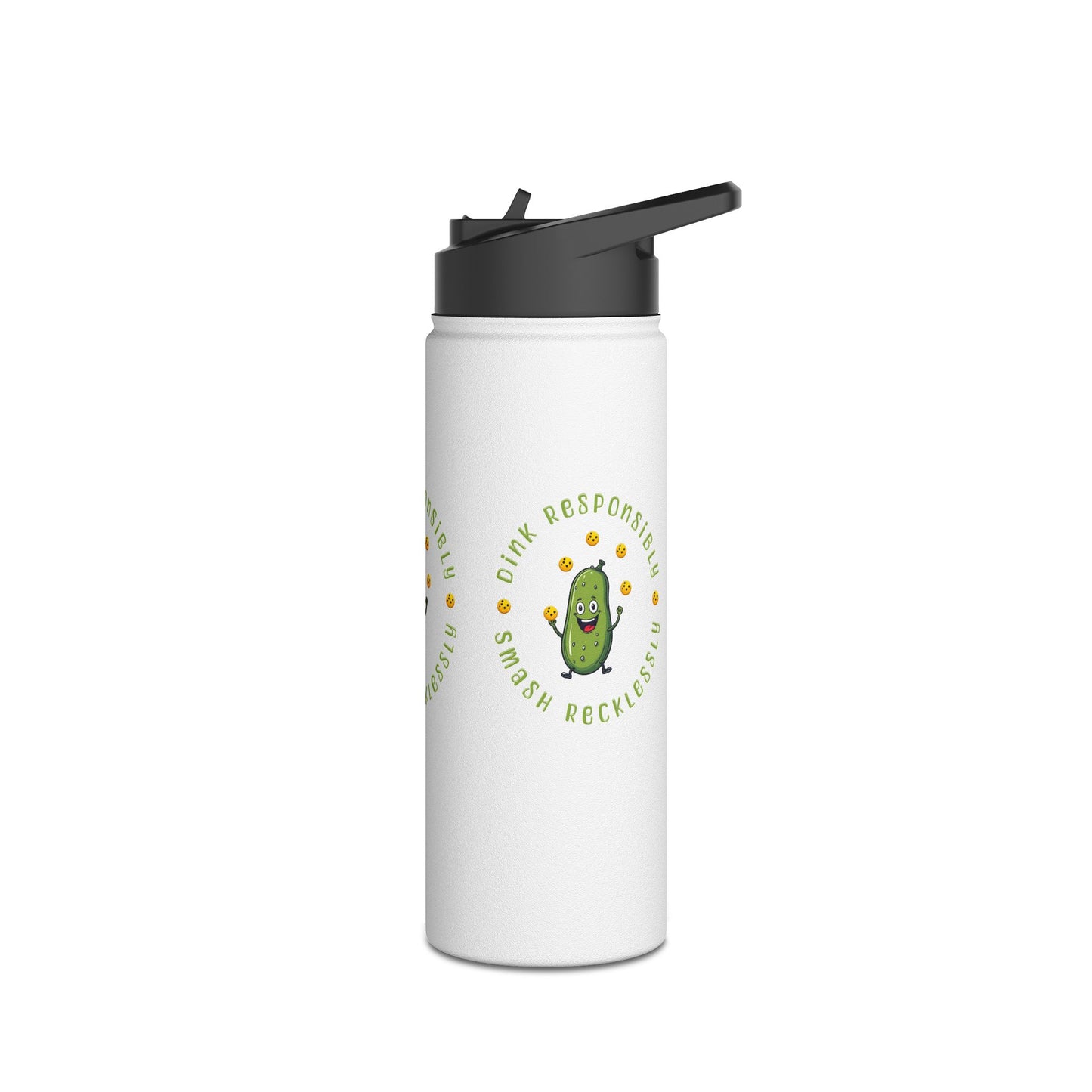 "Stainless Steel Water Bottle – Standard Lid ‘Dink Responsibly, Smash Relentlessly’ Happy Pickle Juggling Pickleballs Design"