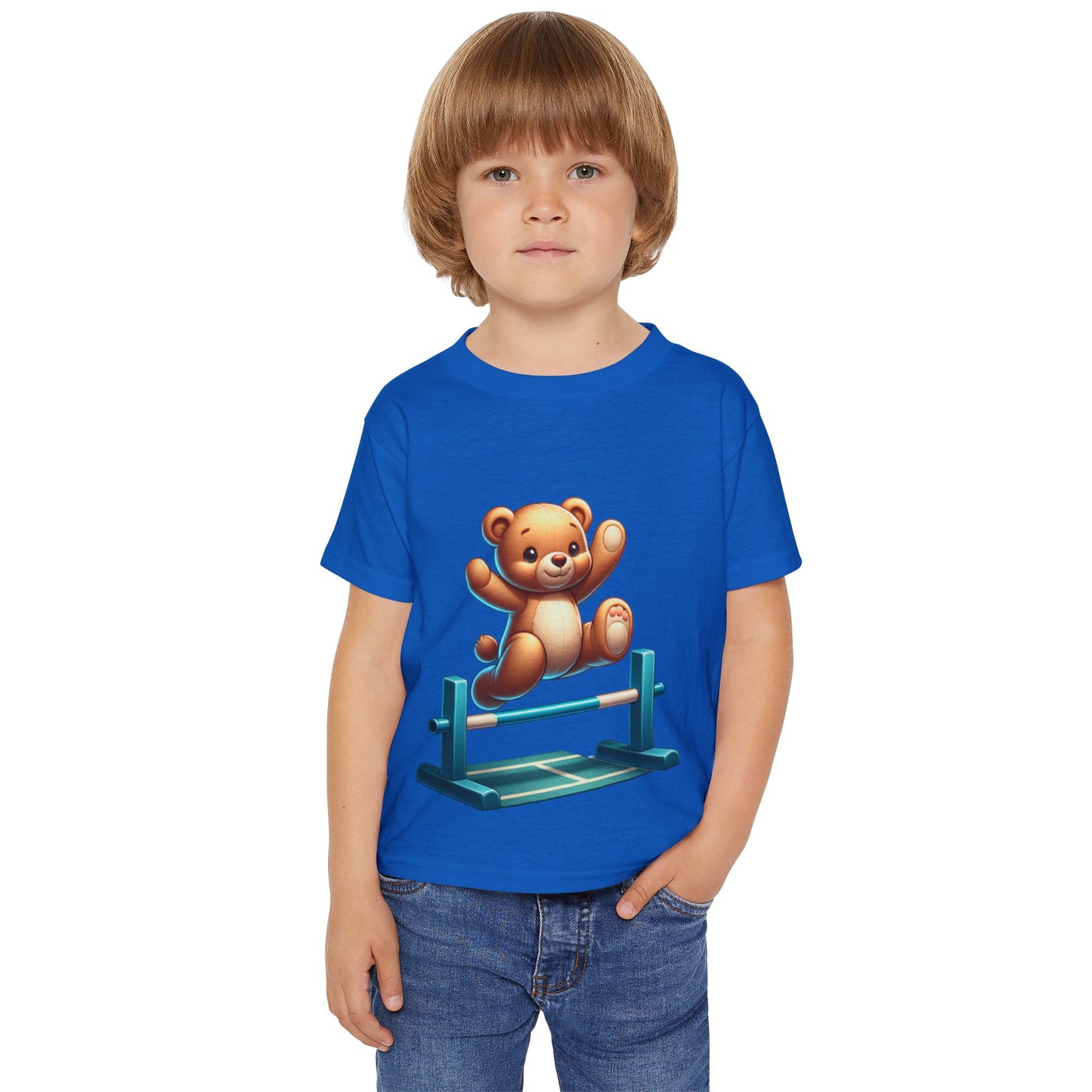 Teddy bear Jumping Hurdles, Heavy Cotton™ Toddler T-shirt, olympics, child, sports, track and field, many color choices, boy, girl