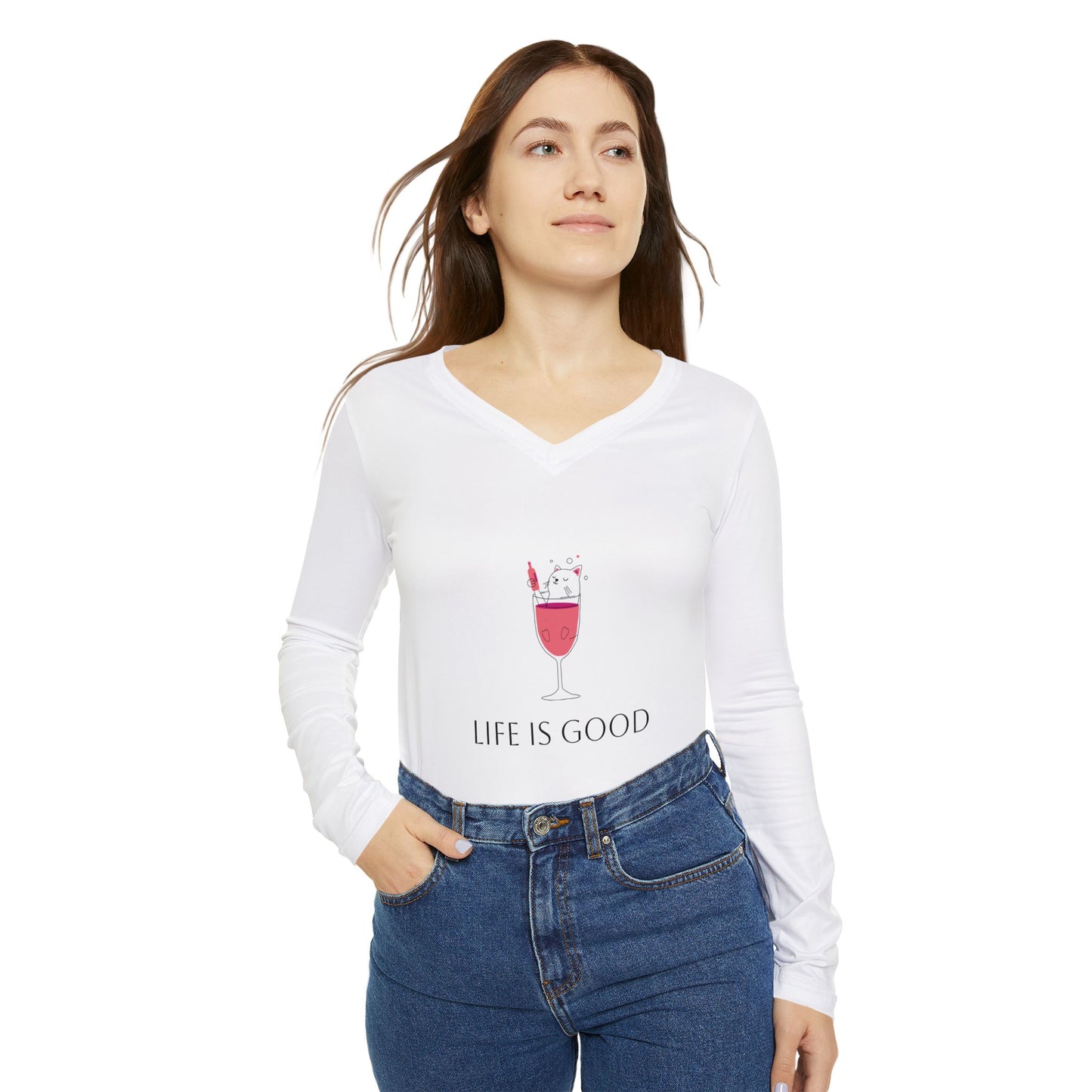 Long Sleeve Shirt - Cute Cat in Wine Glass - Life is Good