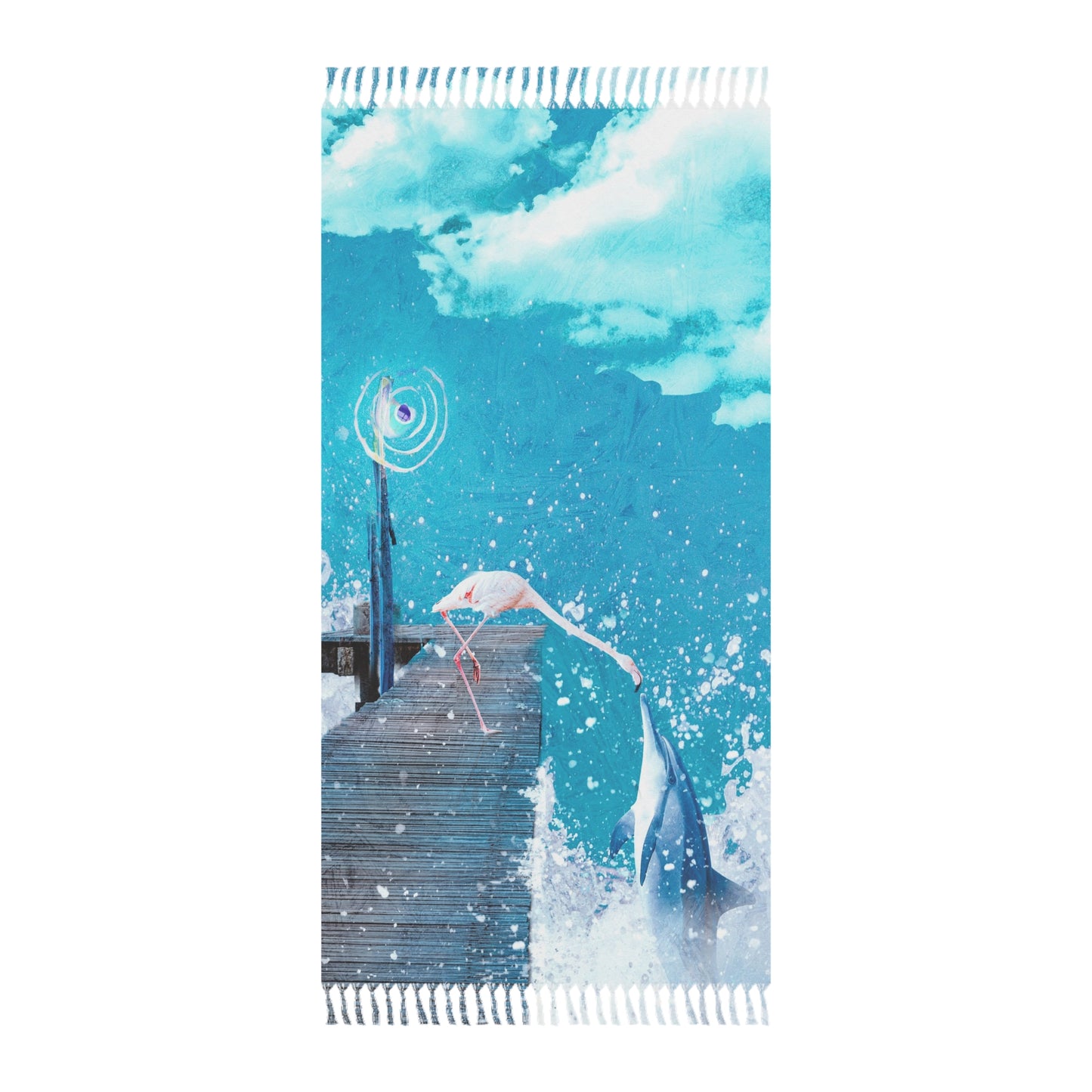 Dolphin and Flamingo Watching Flying Fish - vibrant beach cloth - Finn and Feathers Collection