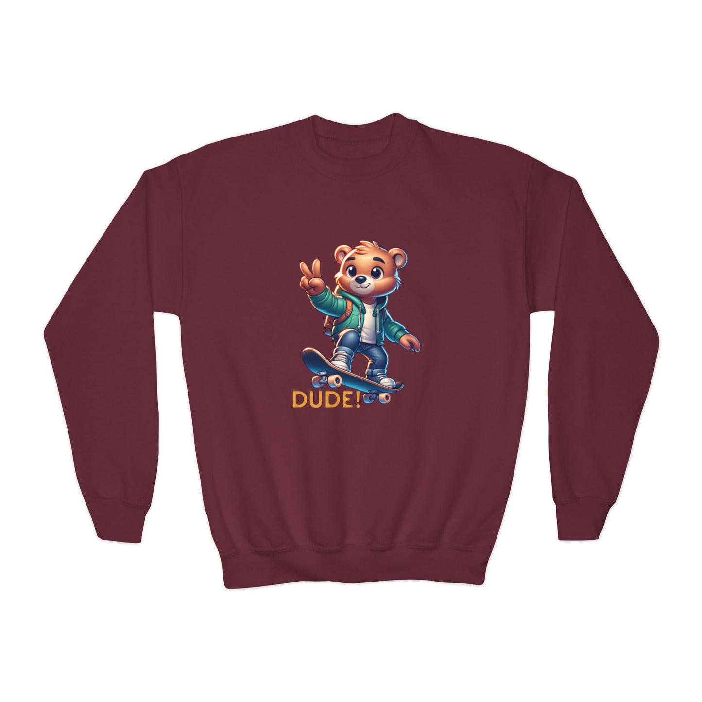 Bear Skateboard Youth Crewneck Sweatshirt with 'DUDE'