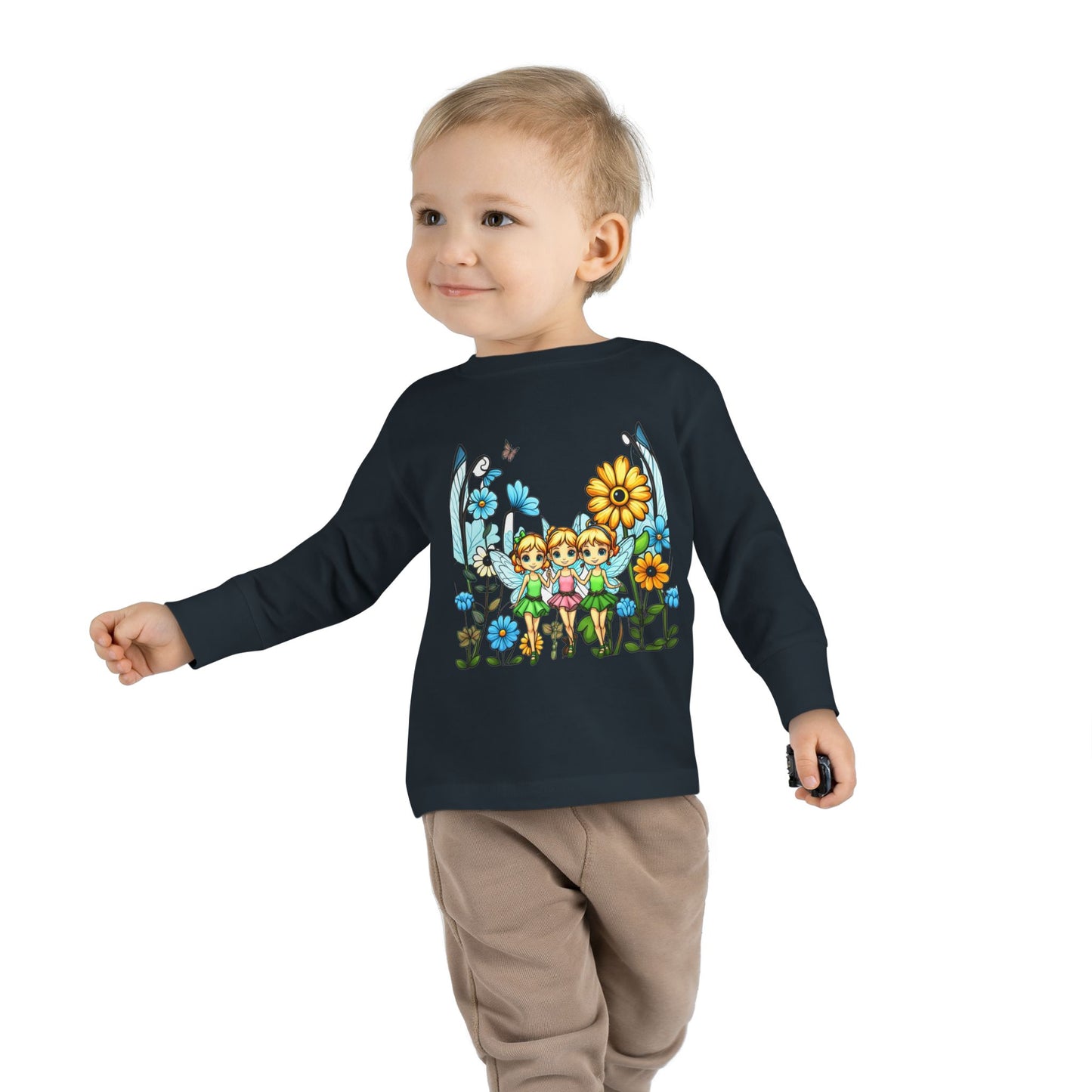 Toddler Long Sleeve Tee – Cute Happy Fairies in a Flower Garden Design"