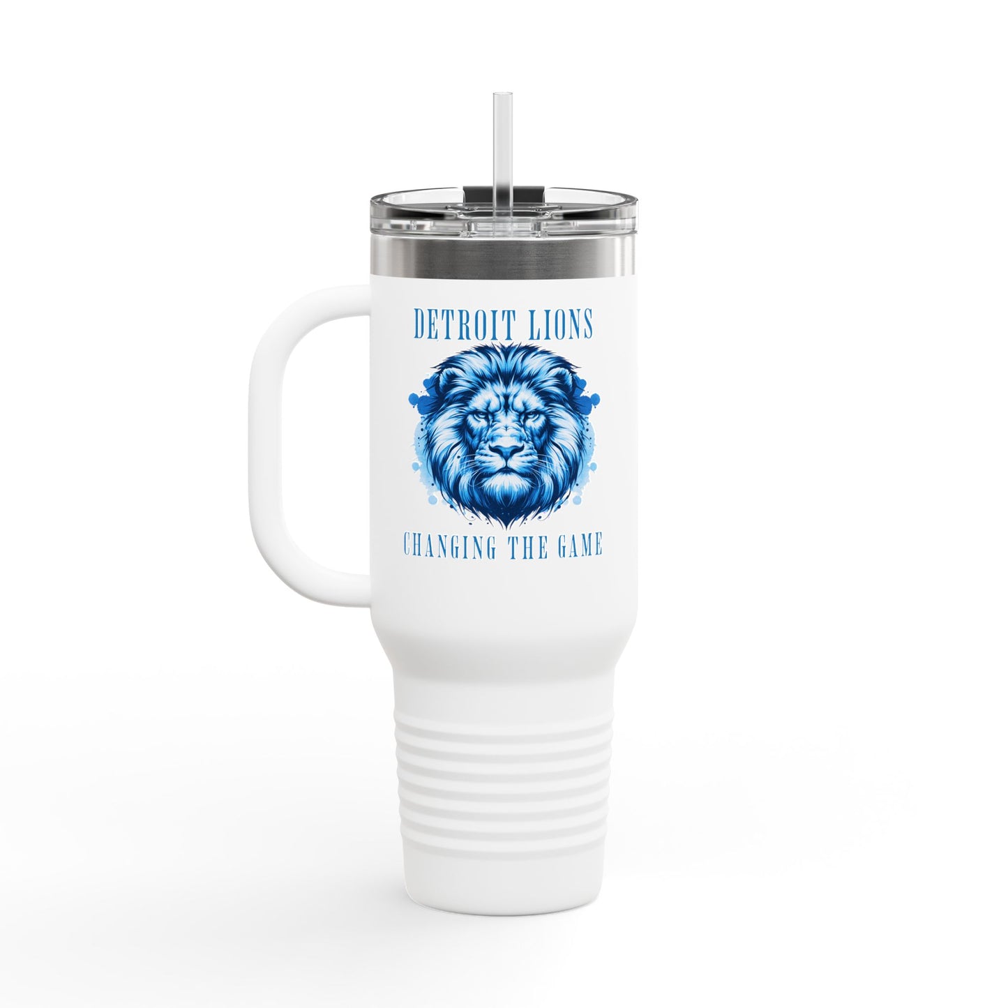 Travel Mug features a quote, "Detroit Lions, Changing the Game"