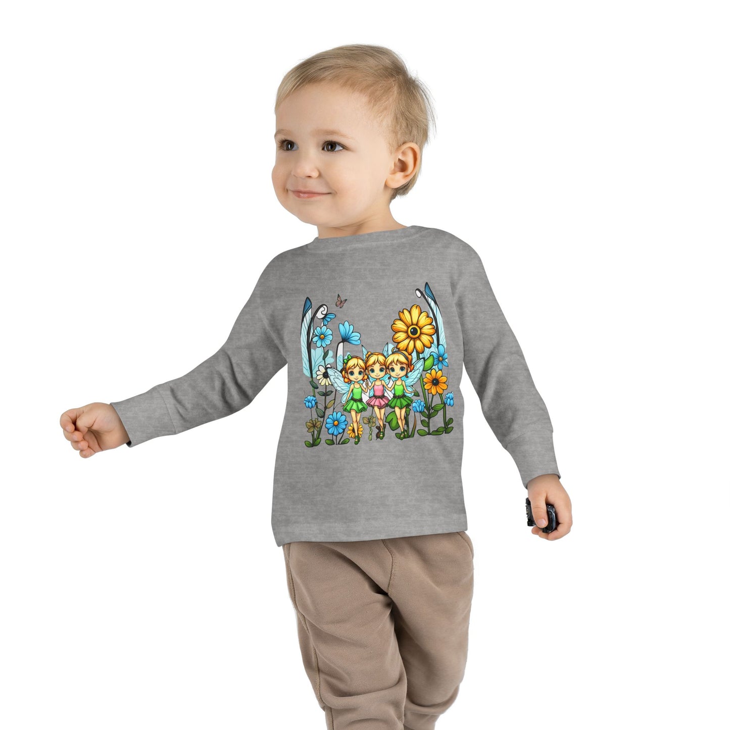 Toddler Long Sleeve Tee – Cute Happy Fairies in a Flower Garden Design"