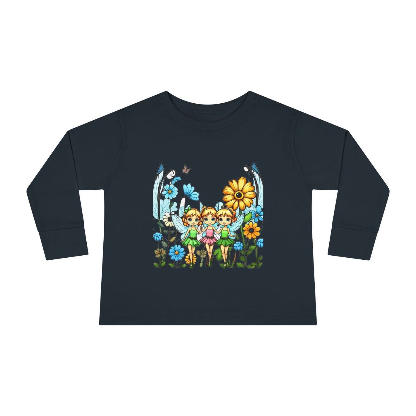 Toddler Long Sleeve Tee – Cute Happy Fairies in a Flower Garden Design"