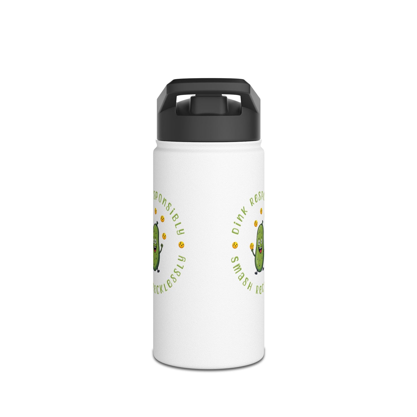 "Stainless Steel Water Bottle – Standard Lid ‘Dink Responsibly, Smash Relentlessly’ Happy Pickle Juggling Pickleballs Design"